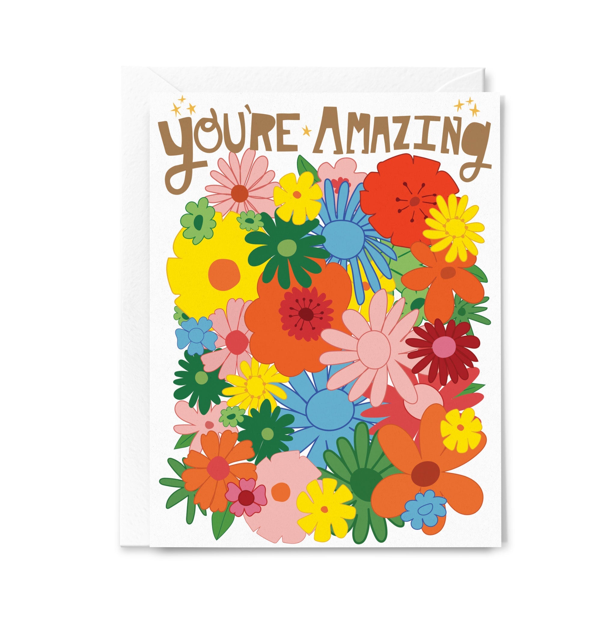 Greeting card with colorful flowers and 'YOU'RE AMAZING' text on a white background