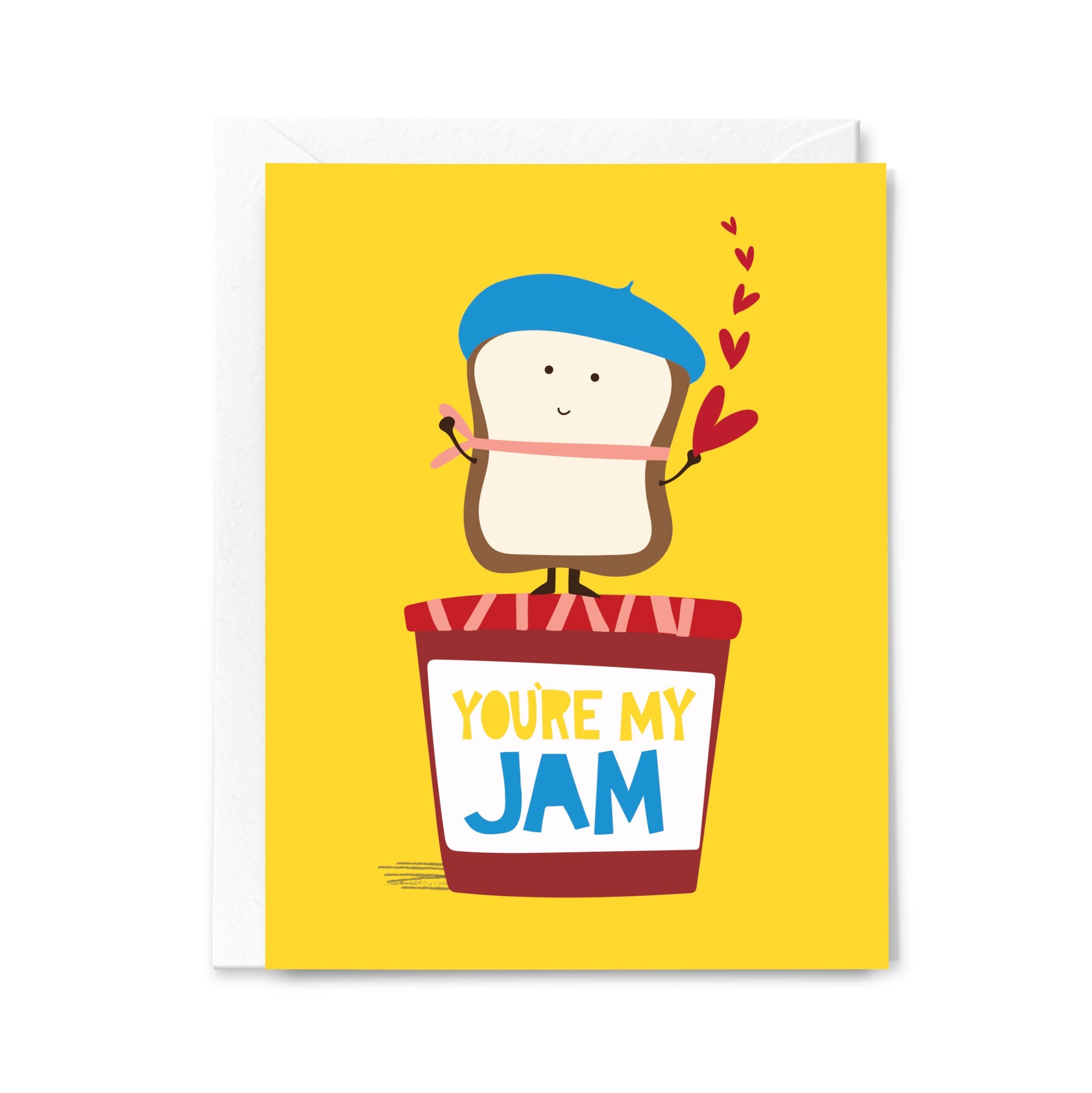 Card with a cartoon illustration of bread in a jar labeled 'You're My Jam' on a yellow background