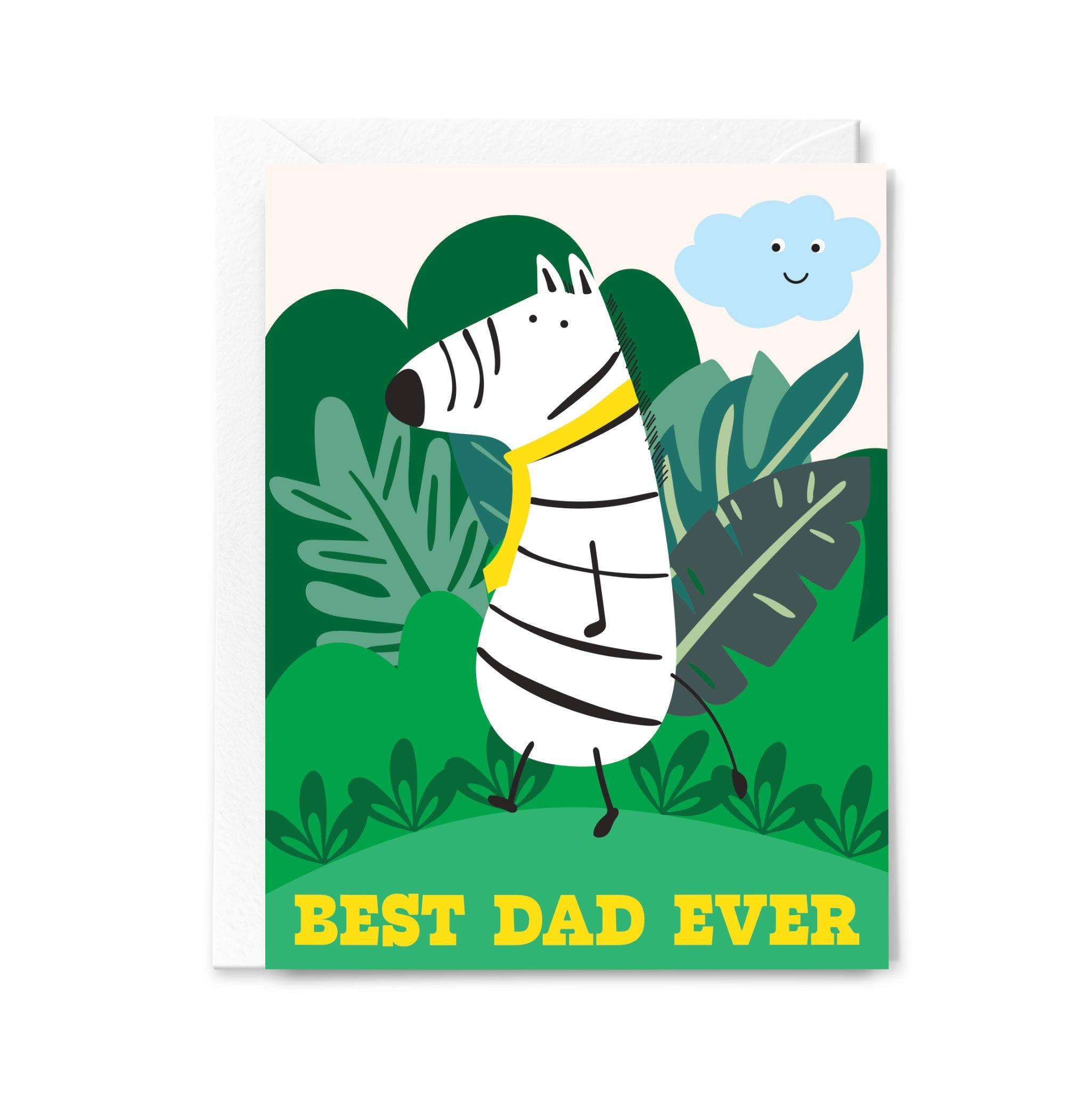 Greeting card with a zebra illustration and 'Best Dad Ever' text on a green background