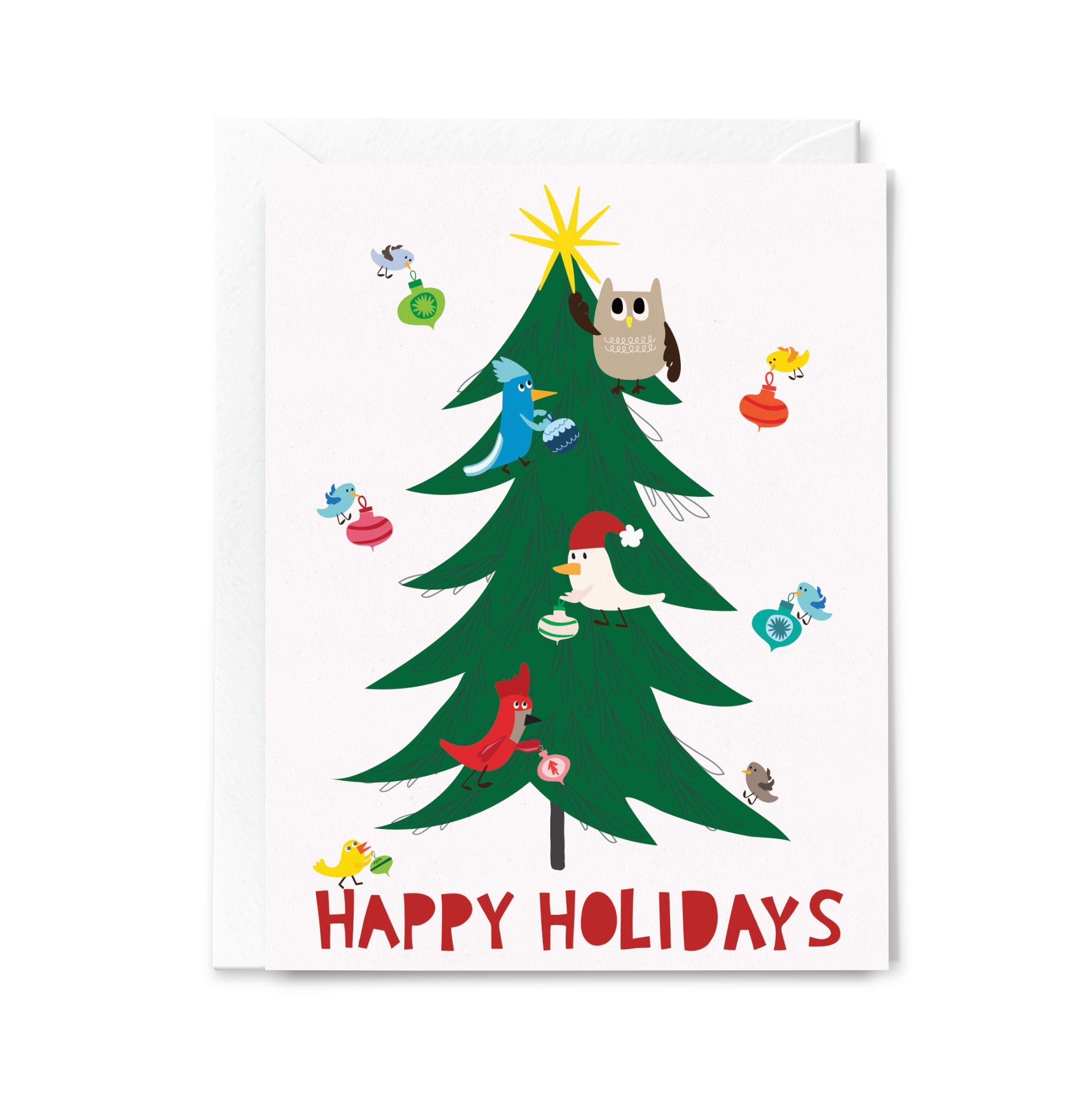 Christmas card with a decorated tree and animals on a white background