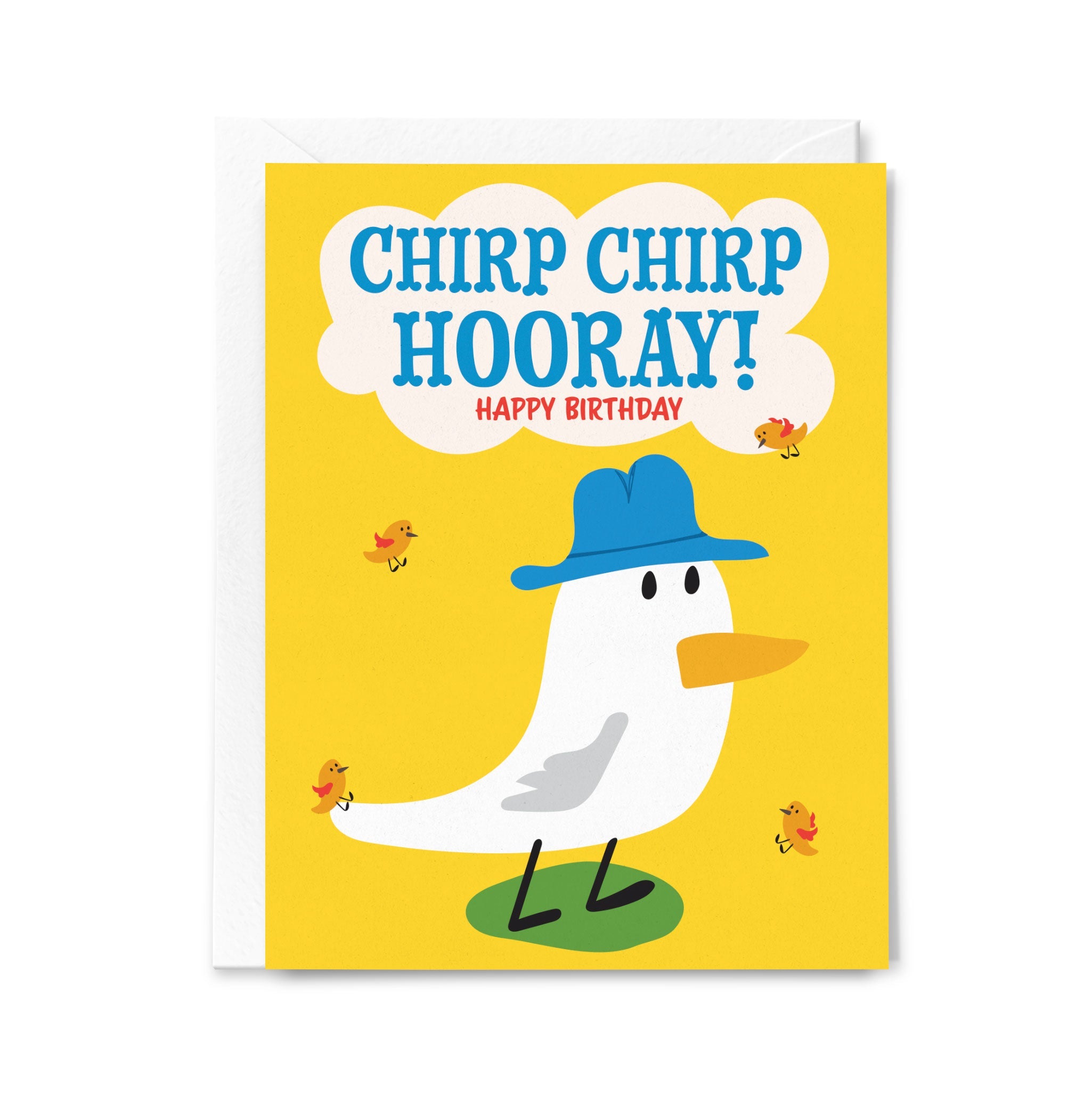 Birthday card with a duck wearing a blue hat and 'Chirp Chirp Hooray! Happy Birthday' text on a yellow background.