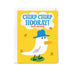 Birthday card with a duck wearing a blue hat and 'Chirp Chirp Hooray! Happy Birthday' text on a yellow background.