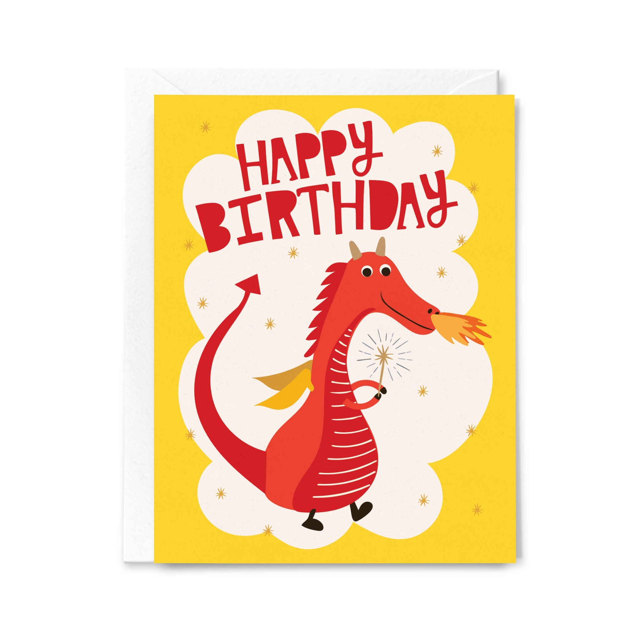 Birthday card with a red dragon on a yellow background