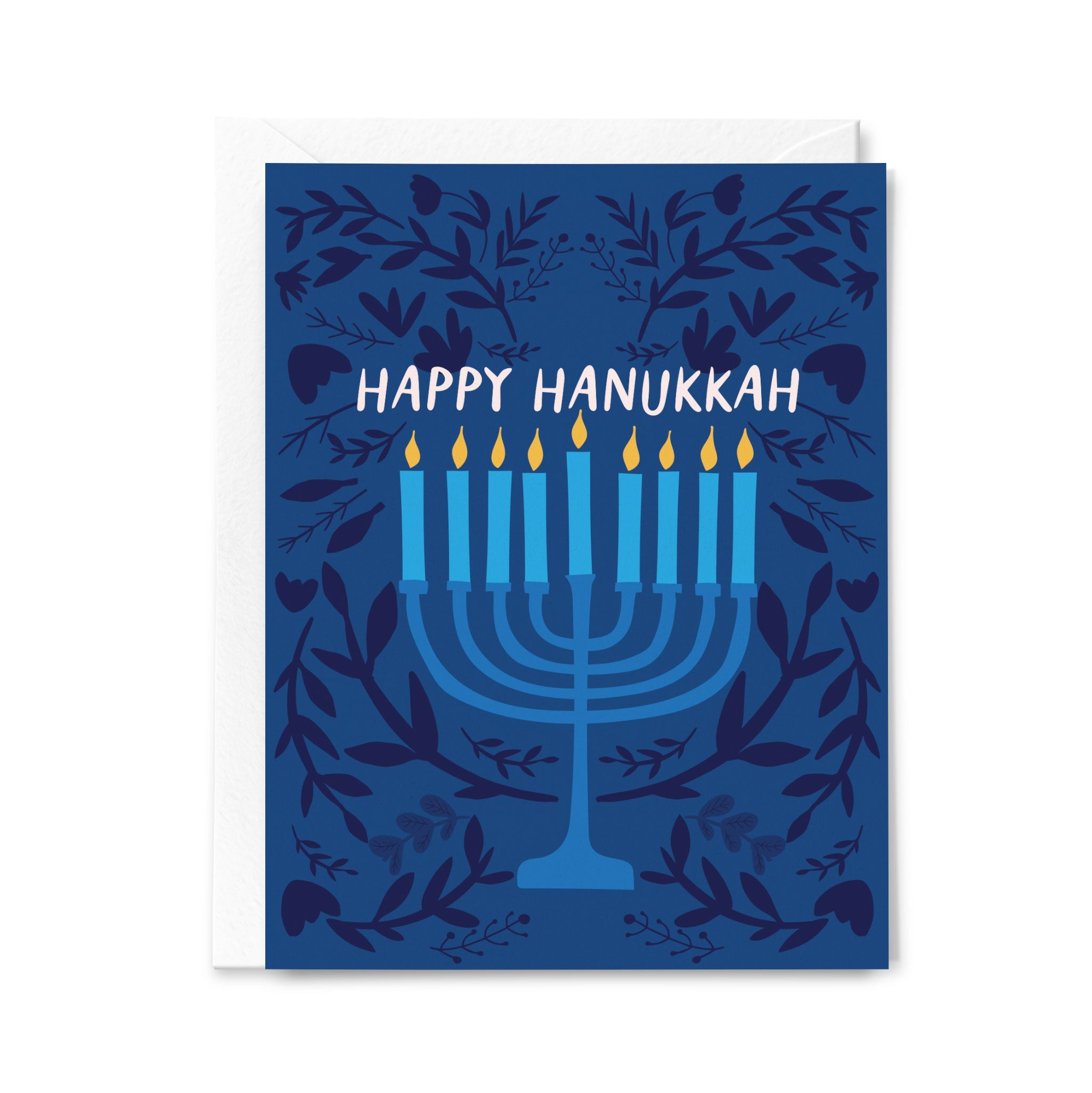 Greeting card with Menorah and 'Happy Hanukkah' text on a blue background