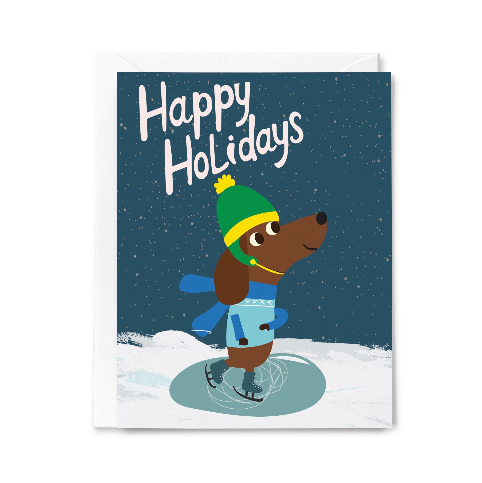 Greeting card with a dachshund character ice skating and 'Happy Holidays' text on a snowy background.