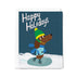Greeting card with a dachshund character ice skating and 'Happy Holidays' text on a snowy background.