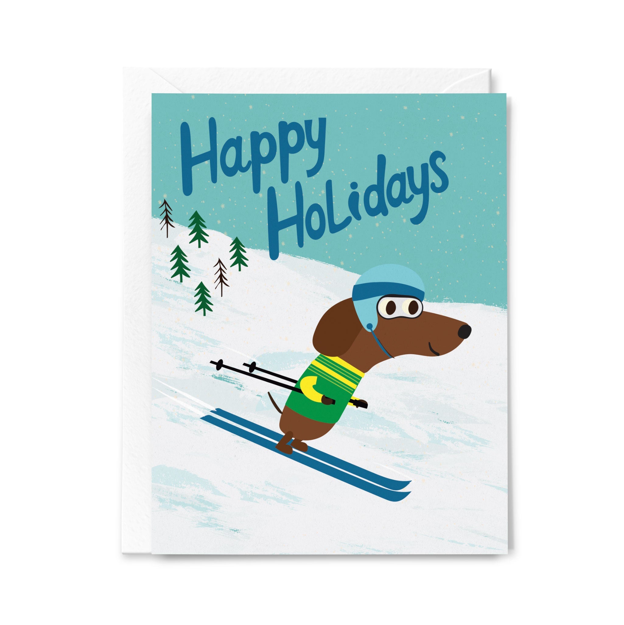 Greeting card with a cartoon dog skiing and 'Happy Holidays' text on a snowy background.