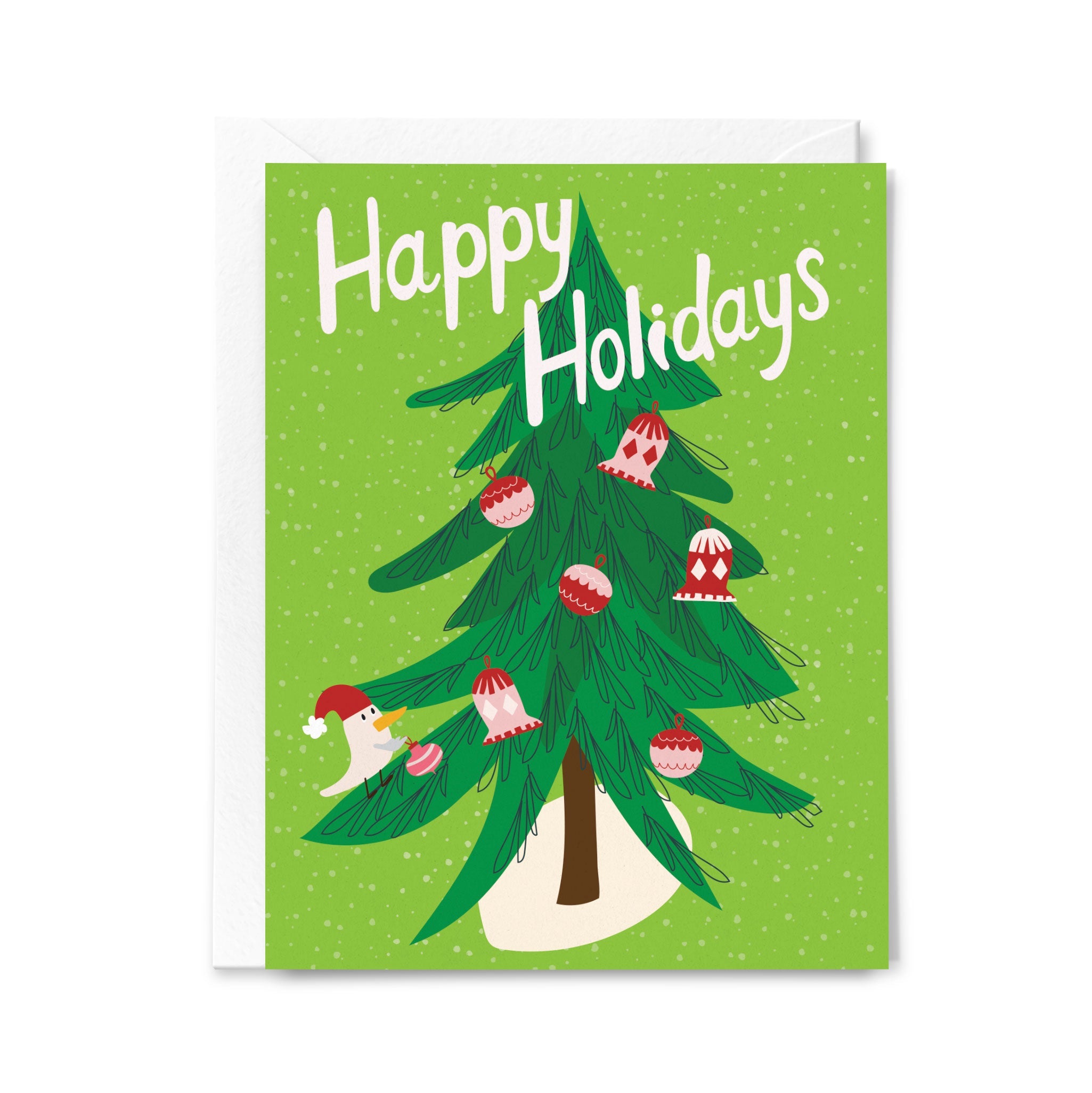 Greeting card with a Christmas tree and ornaments on a green background