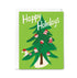 Greeting card with a Christmas tree and ornaments on a green background
