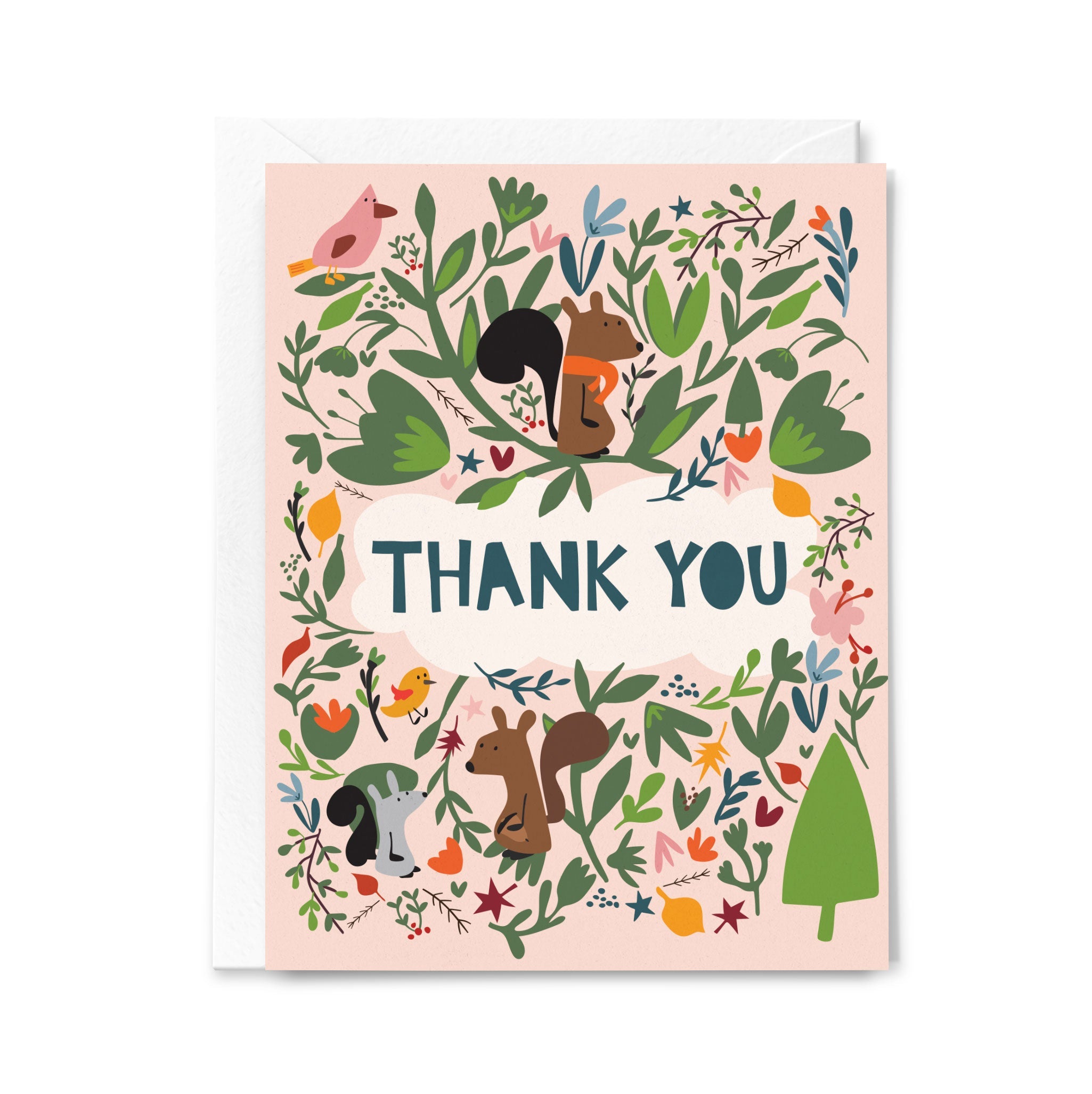 Thank you card with squirrels, flowers, and leaves on a pink background