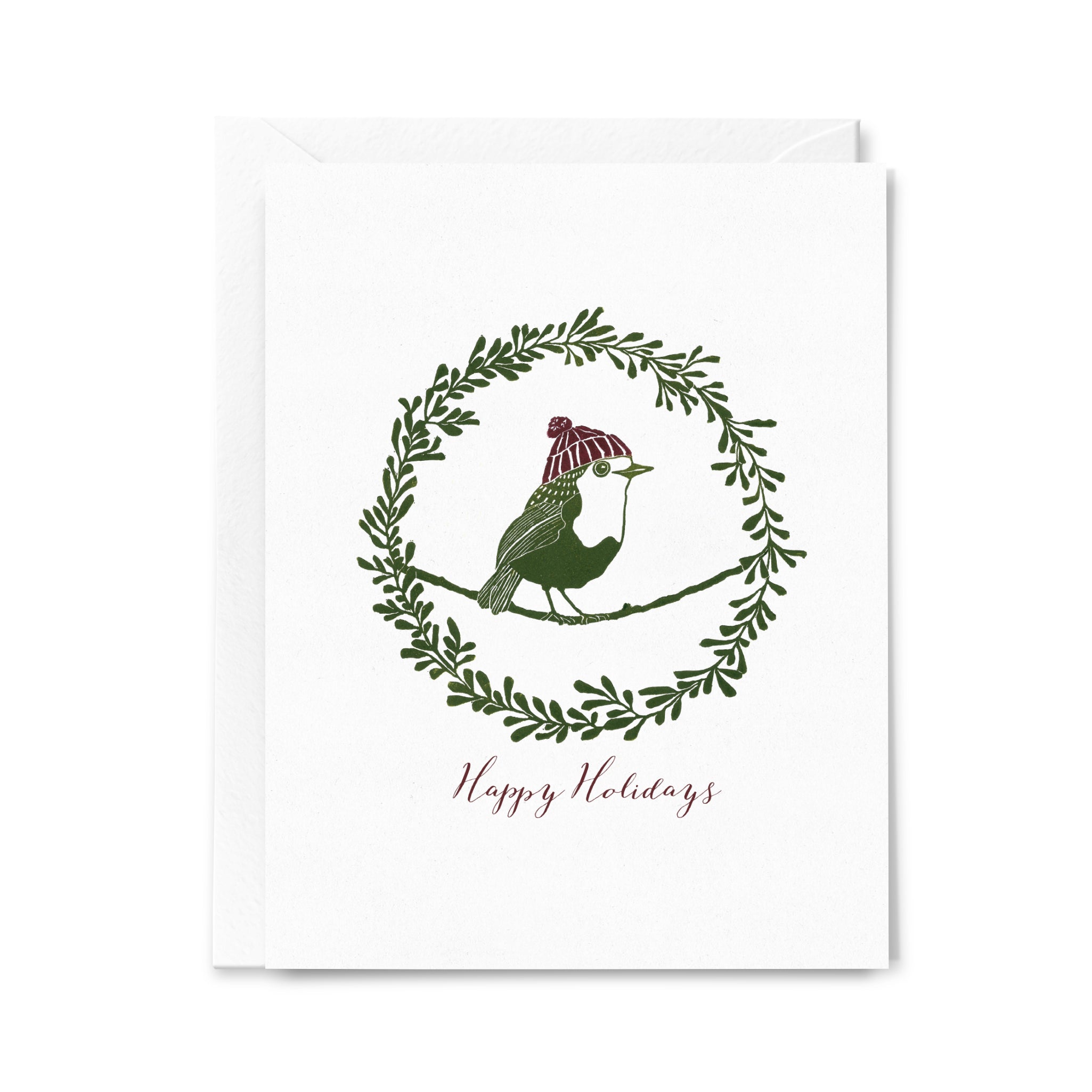 Happy Holidays Bird in Wreath Lino-cut