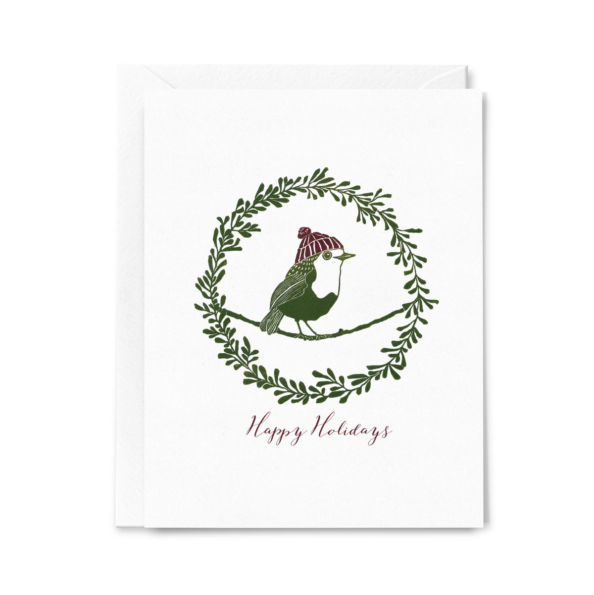 Happy Holidays Bird in Wreath Lino-cut