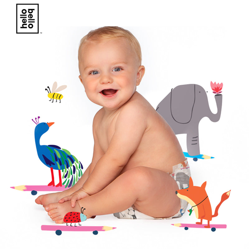 Baby sitting on a white background with cartoon animals and 'hello bello' branding.