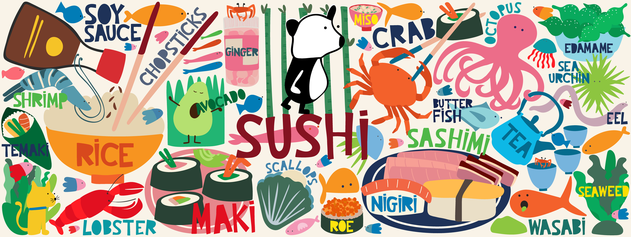 Colorful illustration of various sushi ingredients and terms.