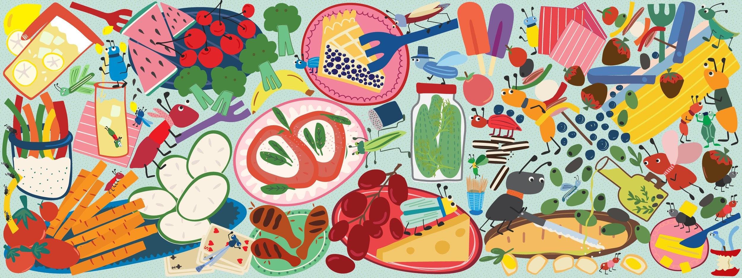 Colorful illustration of various food items and kitchen utensils.