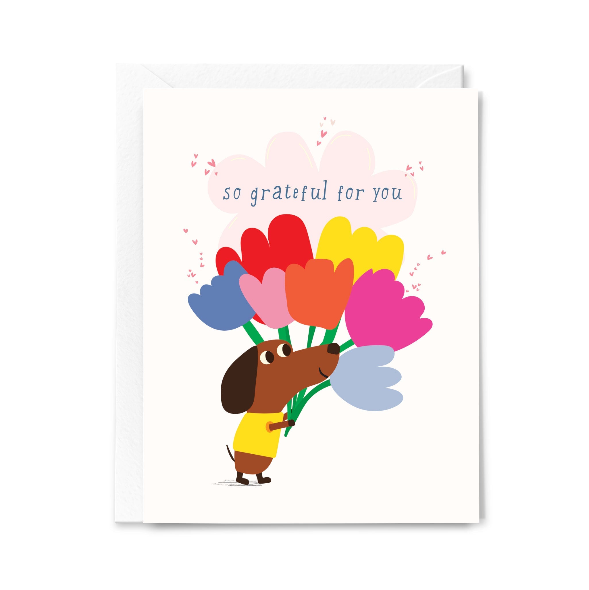 Greeting card with a cartoon dog holding colorful tulips and 'so grateful for you' text on a white background.