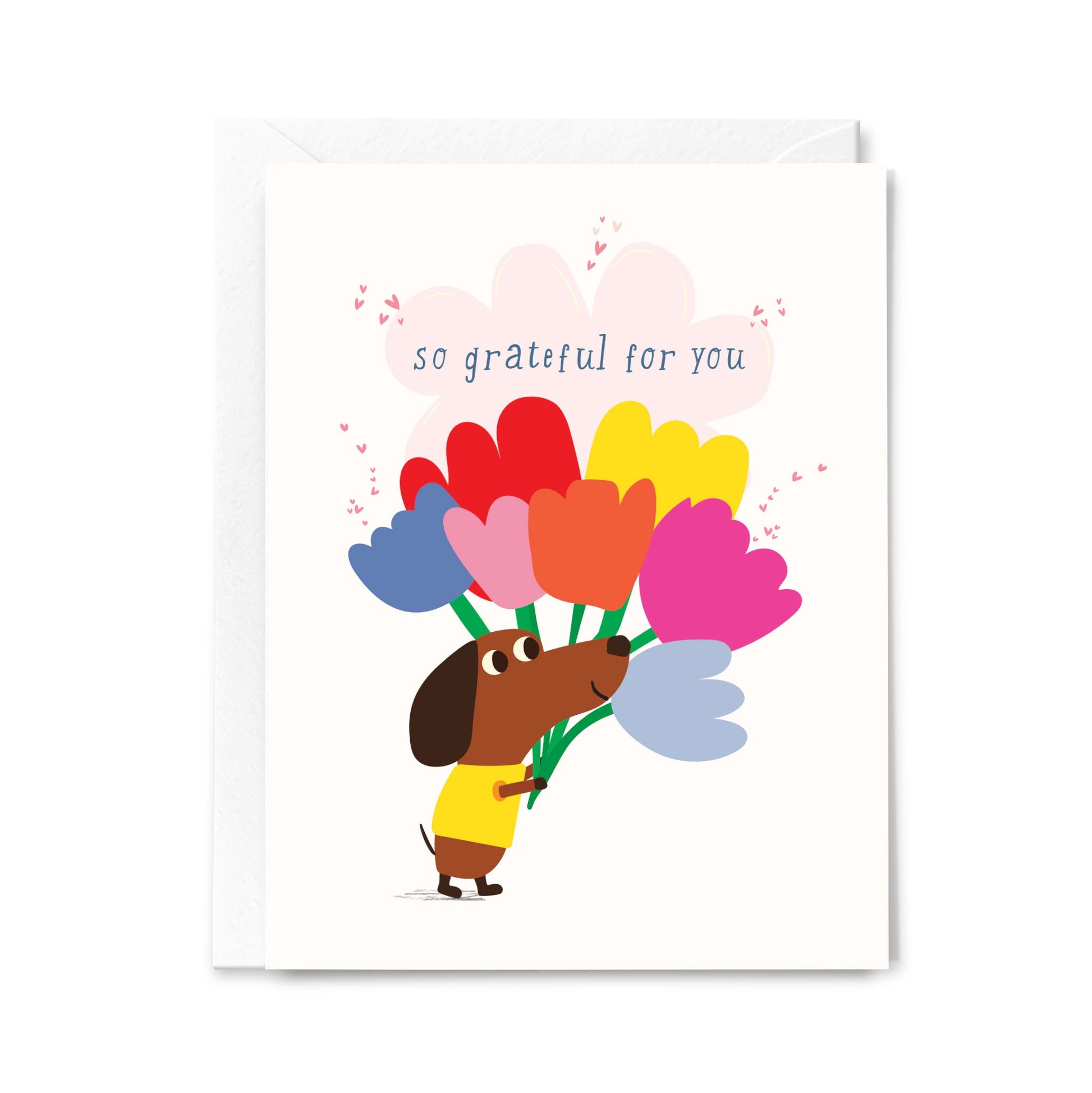 Greeting card with a cartoon dog holding colorful tulips and 'so grateful for you' text on a white background.