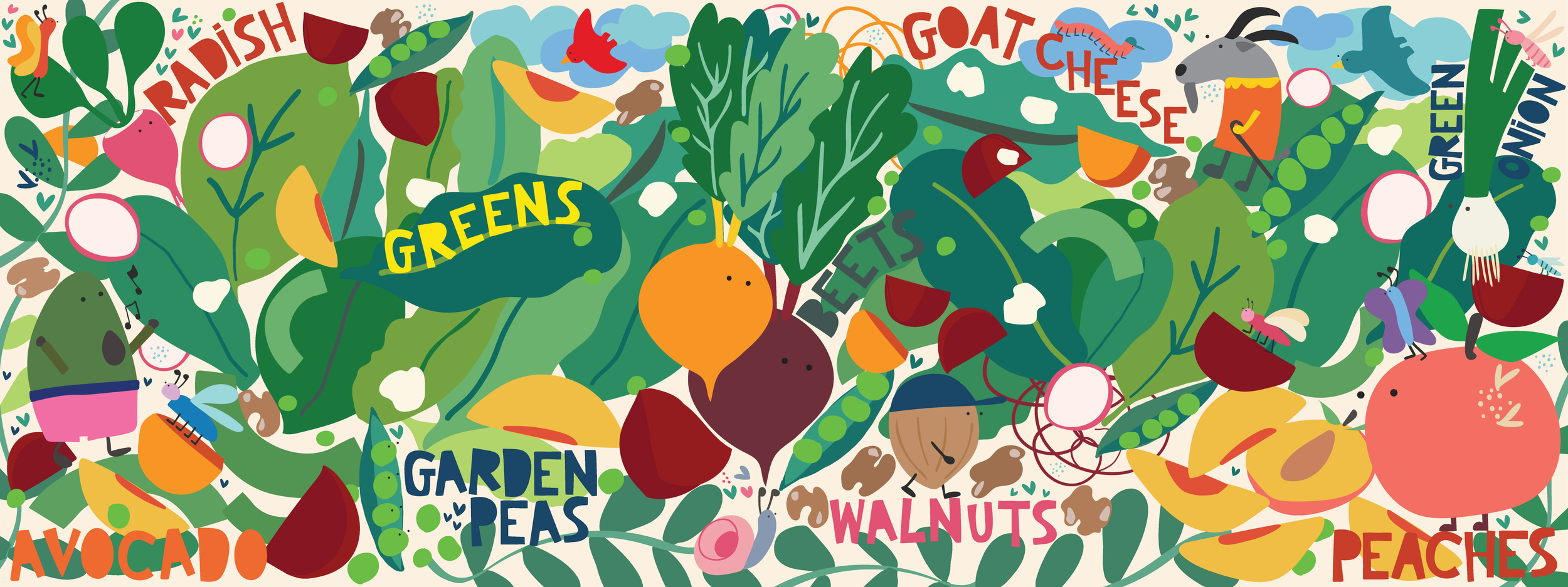 Colorful illustration of various vegetables with text labels on a white background