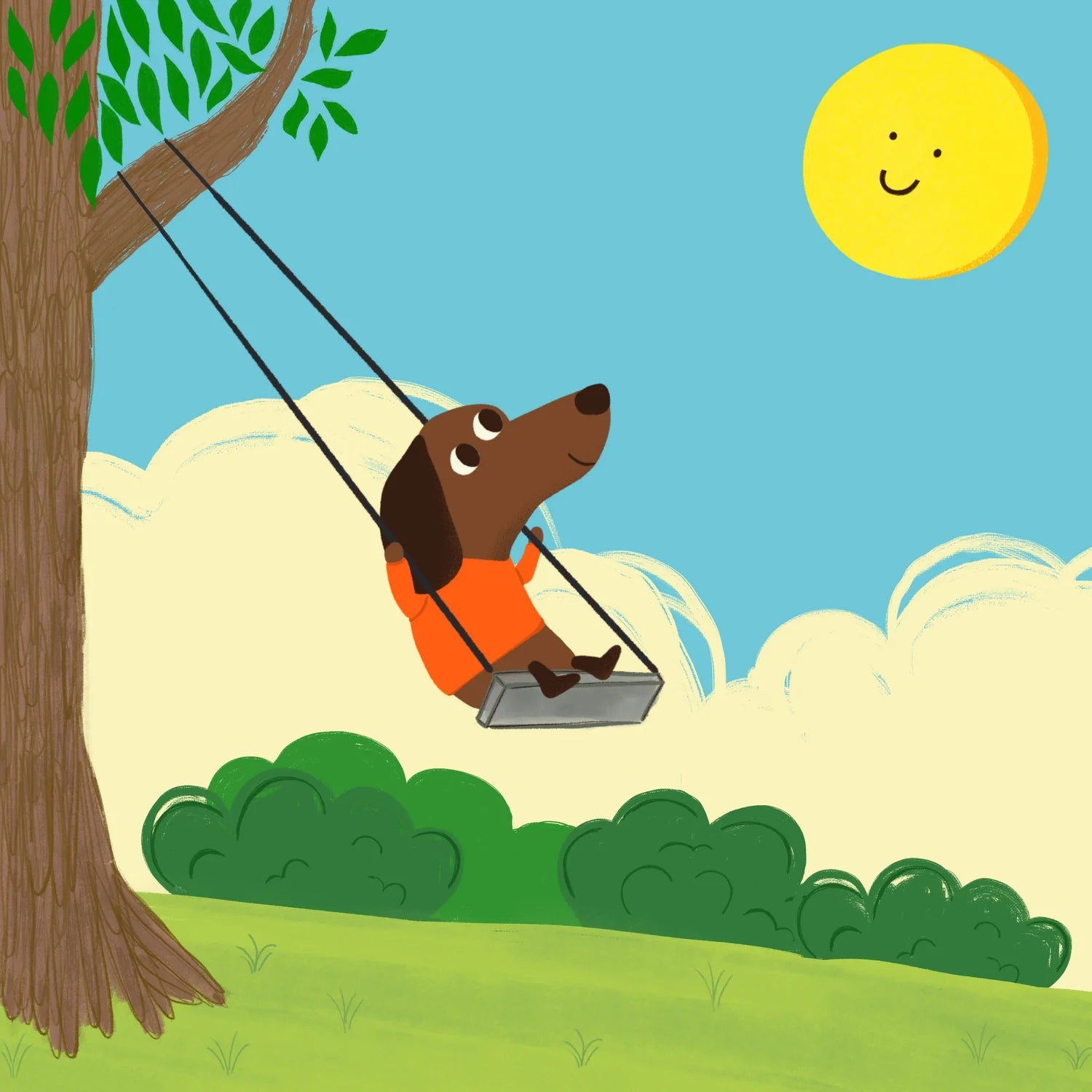 Cartoon dog on a swing under a tree with a smiling sun