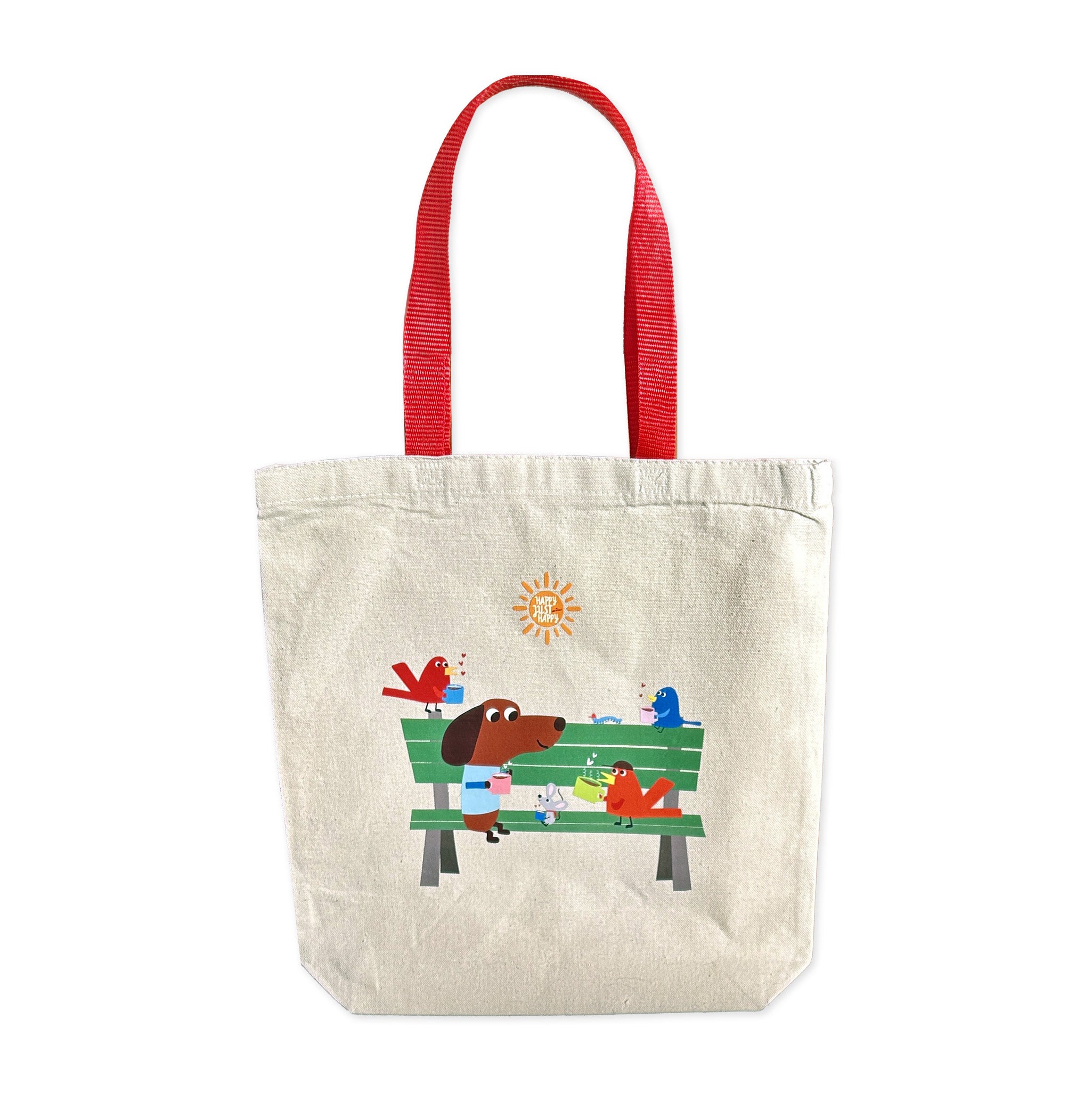 Tote bag with cartoon design of a dog and birds on a bench, red handles, on a white background