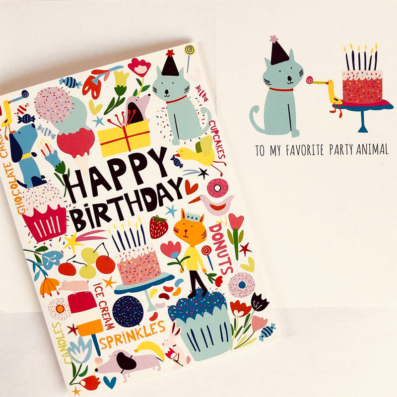 Colorful birthday card with animal illustrations and text on a white background