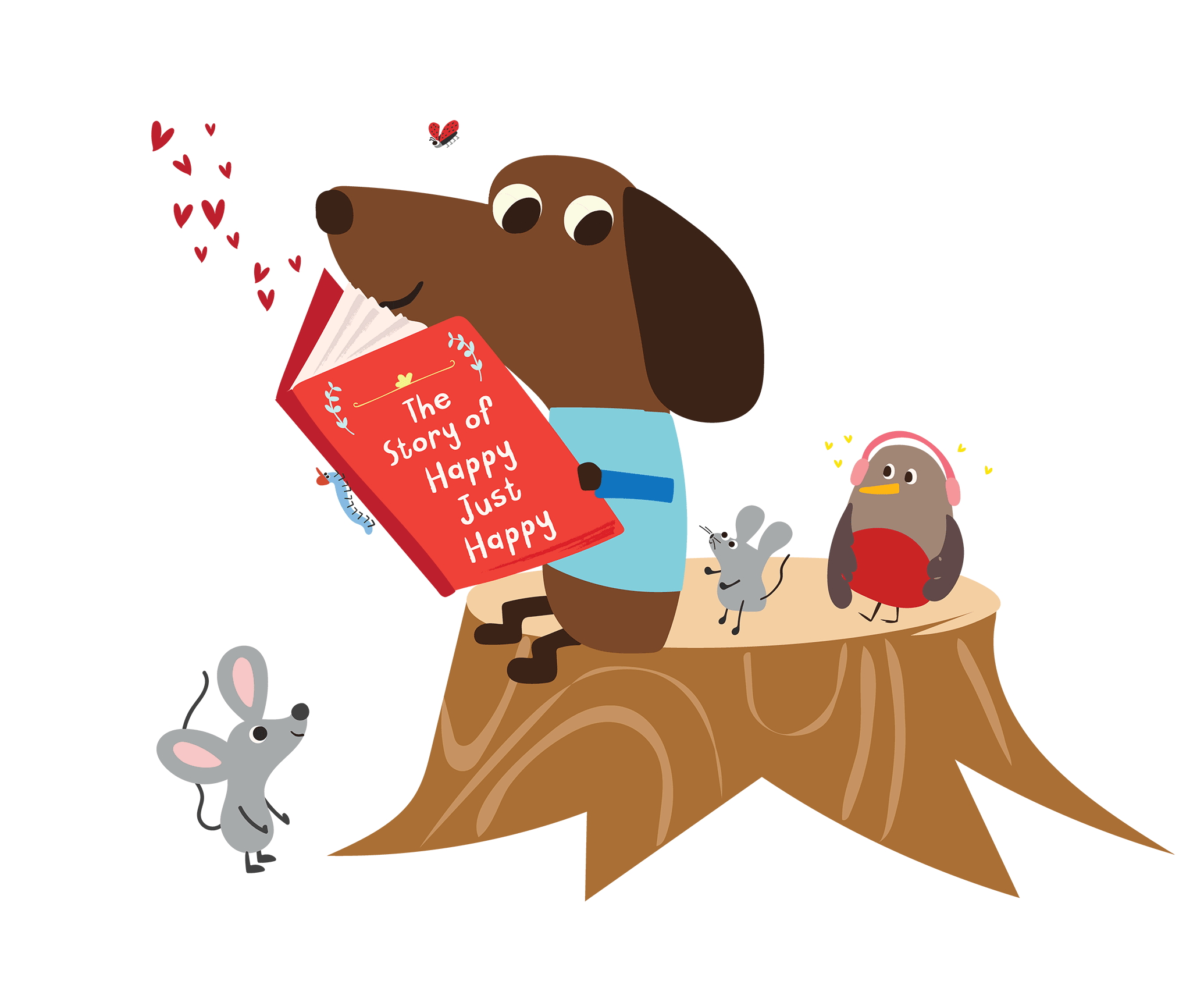 Illustrated dog reading the story of Happy Just Happy