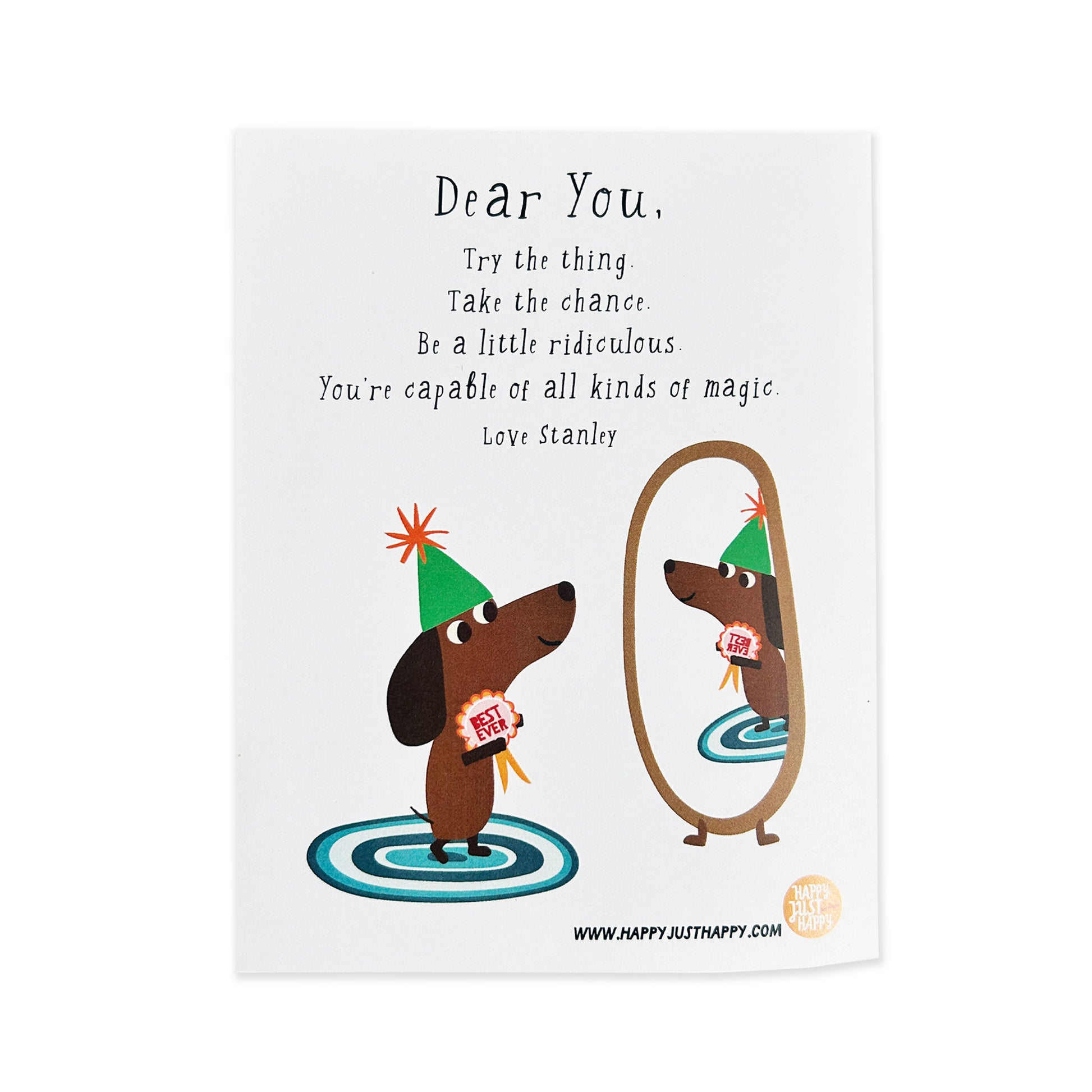 Motivational zine with a dog wearing a party hat looking at itself in a mirror, with text on a white background.