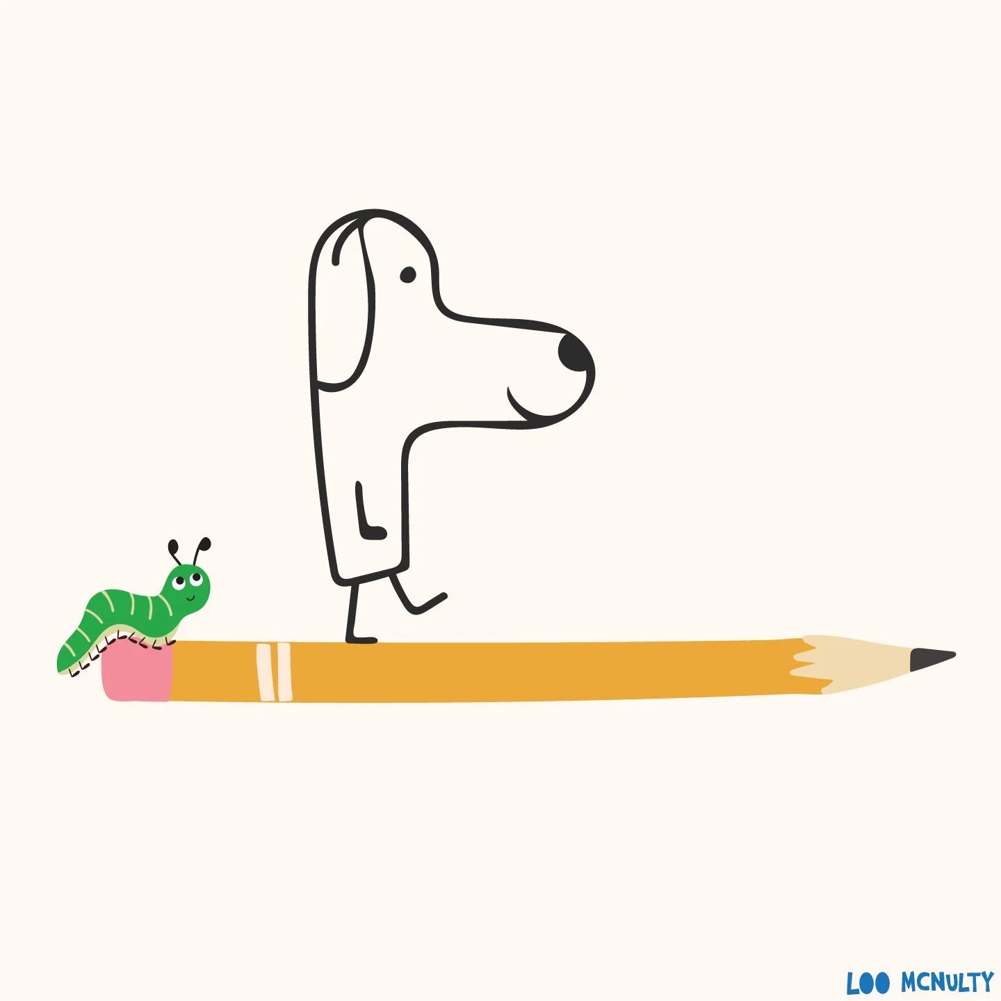 Illustration of a dog standing on a pencil with a caterpillar, all on a white background.