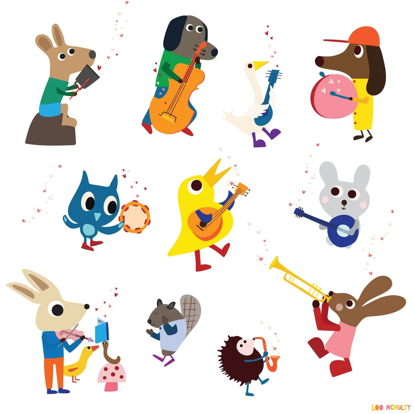 Illustration of various animals playing musical instruments on a white background
