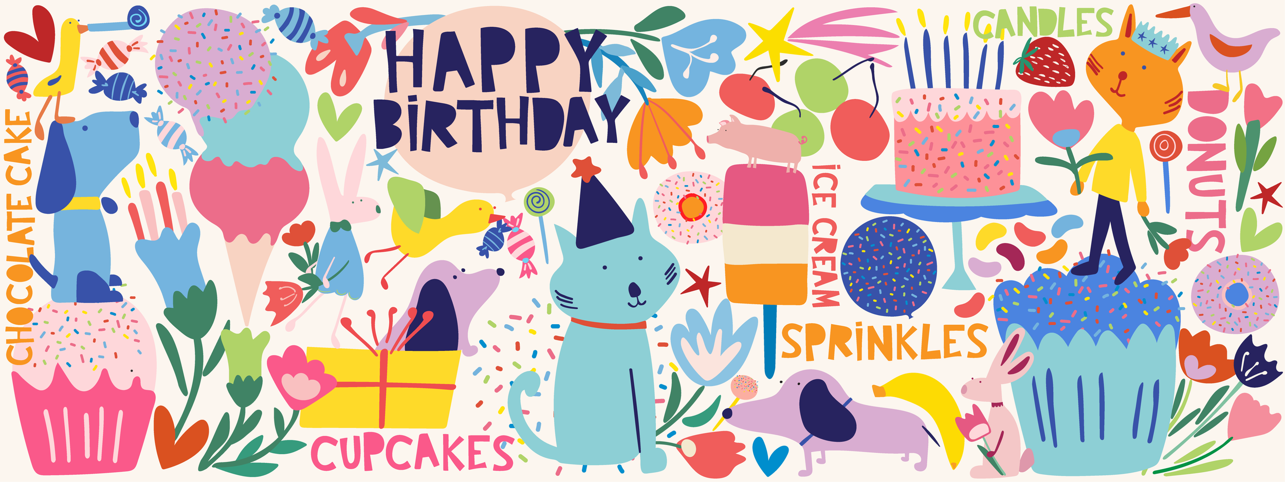 Colorful birthday-themed illustration with various elements like cakes, balloons, and dogs.