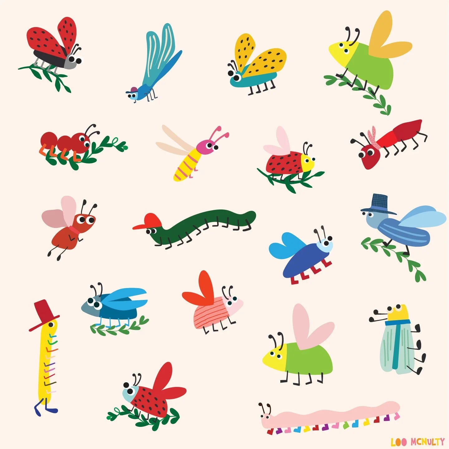 Colorful pattern of various cartoon insects on a white background