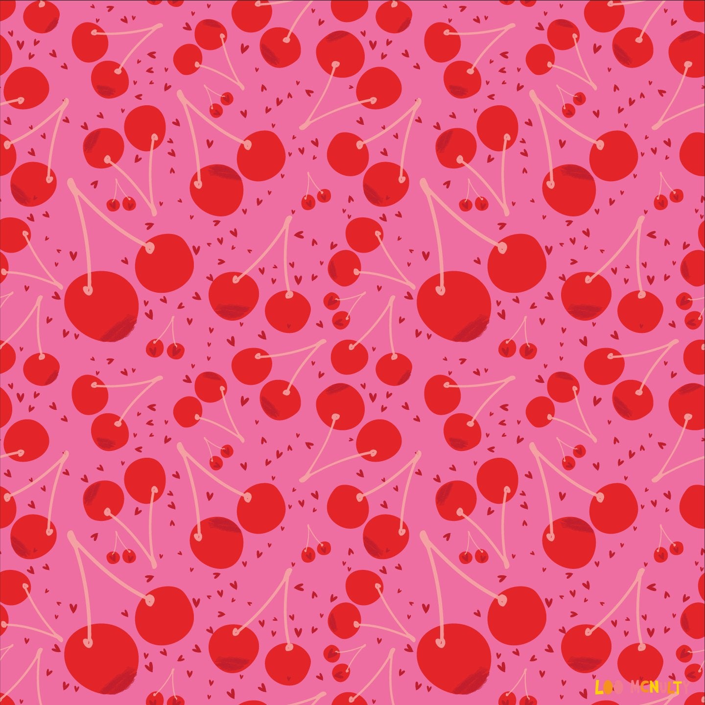 Pattern of red cherries on a pink background