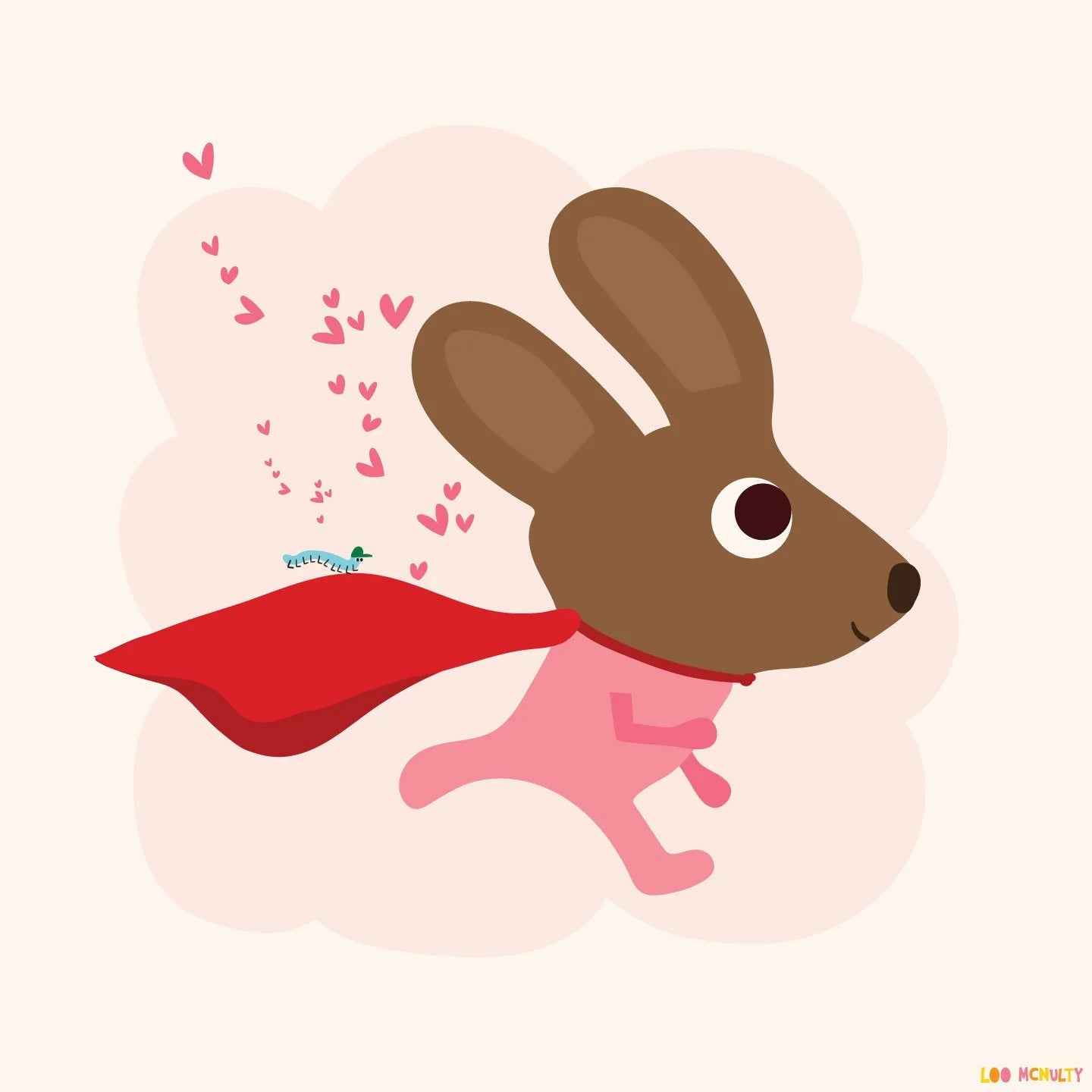 Illustration of a brown bunny character with a red cape on a pink background