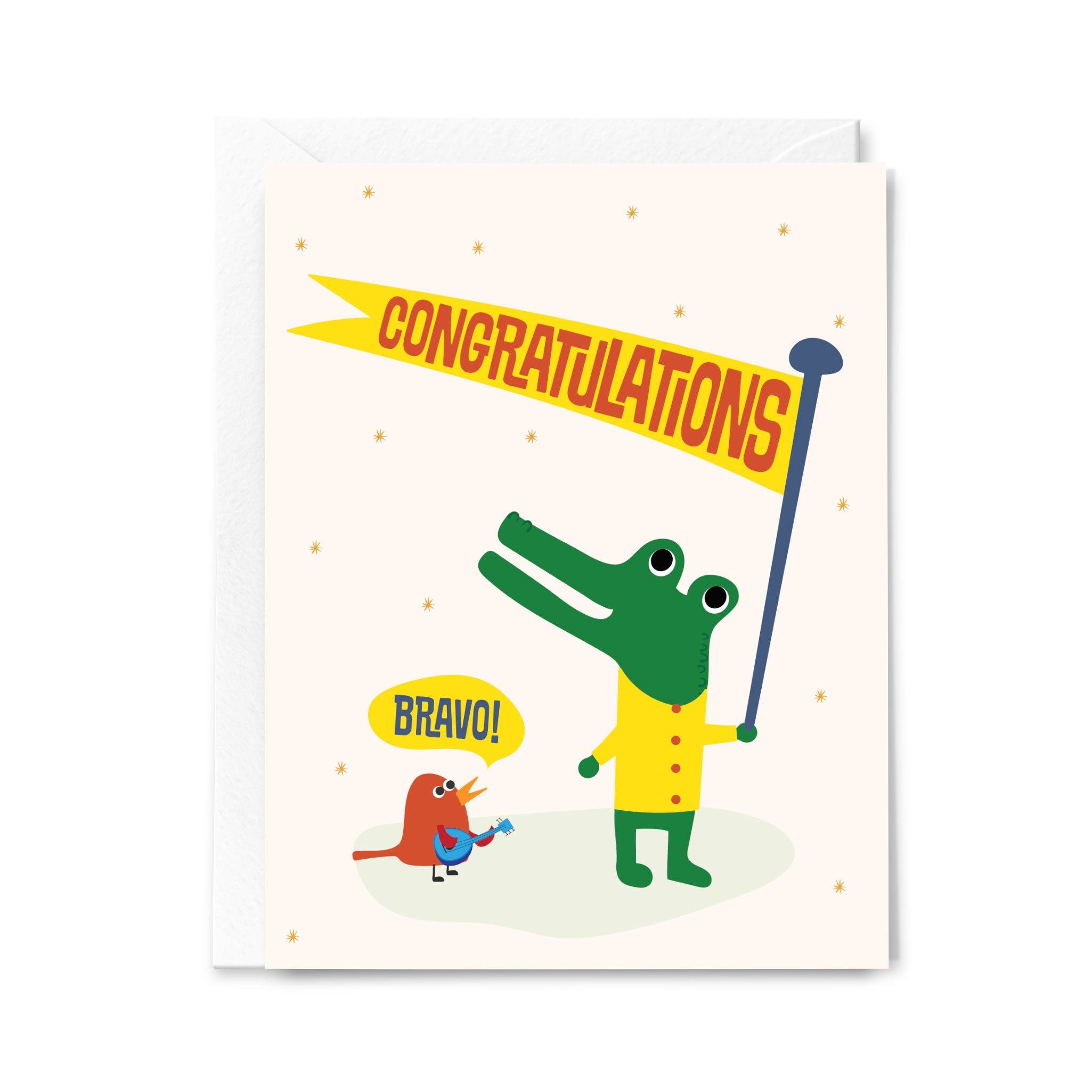 Greeting card with a cartoon alligator holding a 'Congratulations' flag on a white background