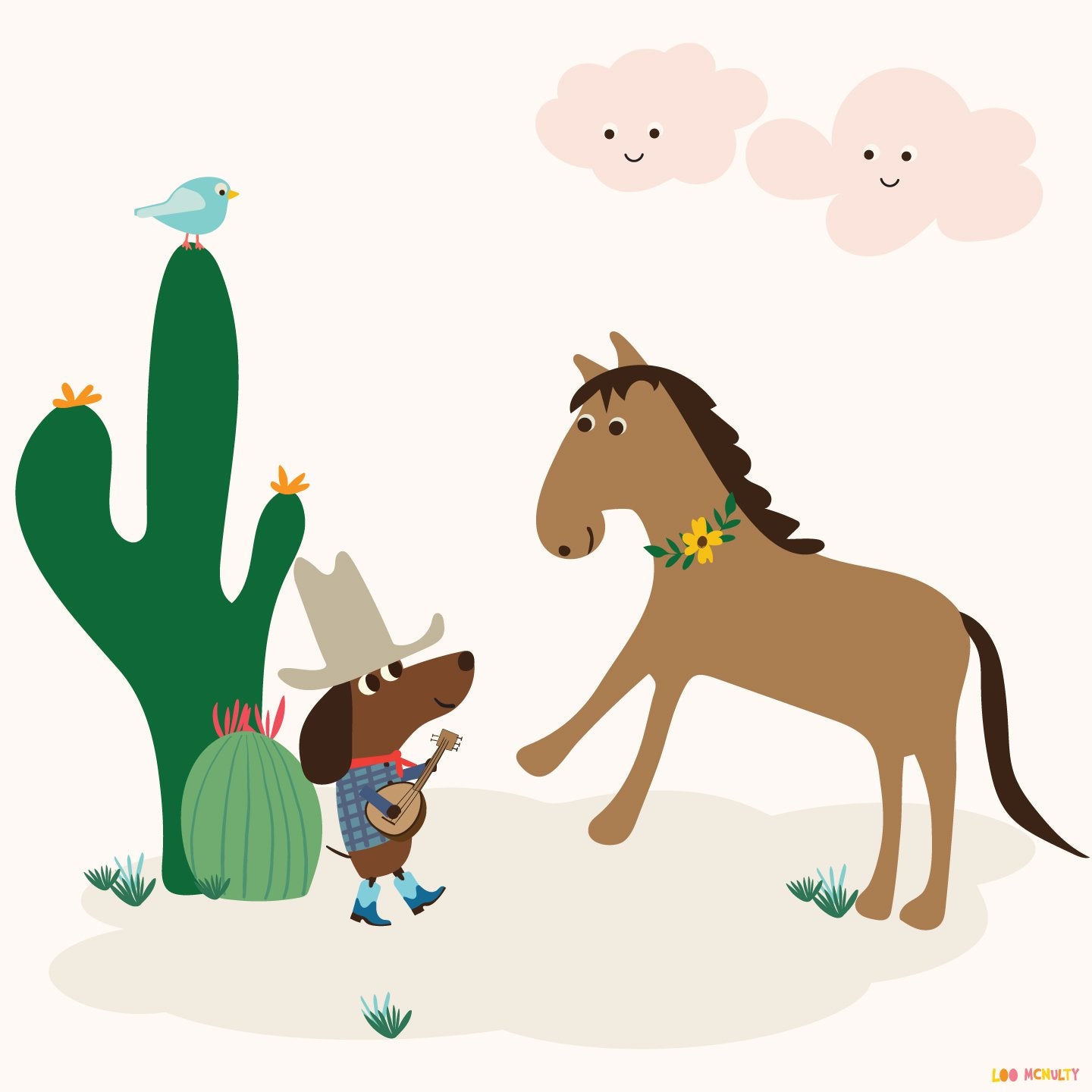 Illustration of a cowboy dog with a guitar, horse, cactus, and birds on a white background