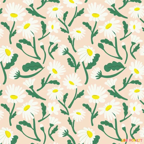 Pattern of white flowers with green leaves on a pink background