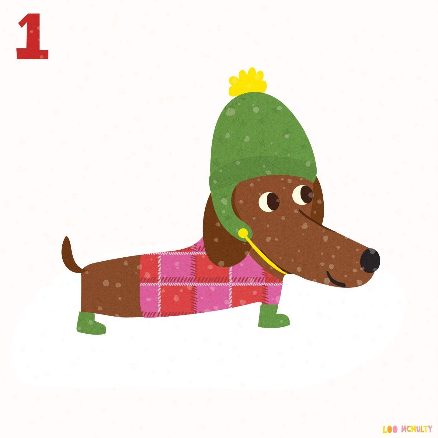 Illustration of a dachshund wearing a green hat and pink sweater on a white background.