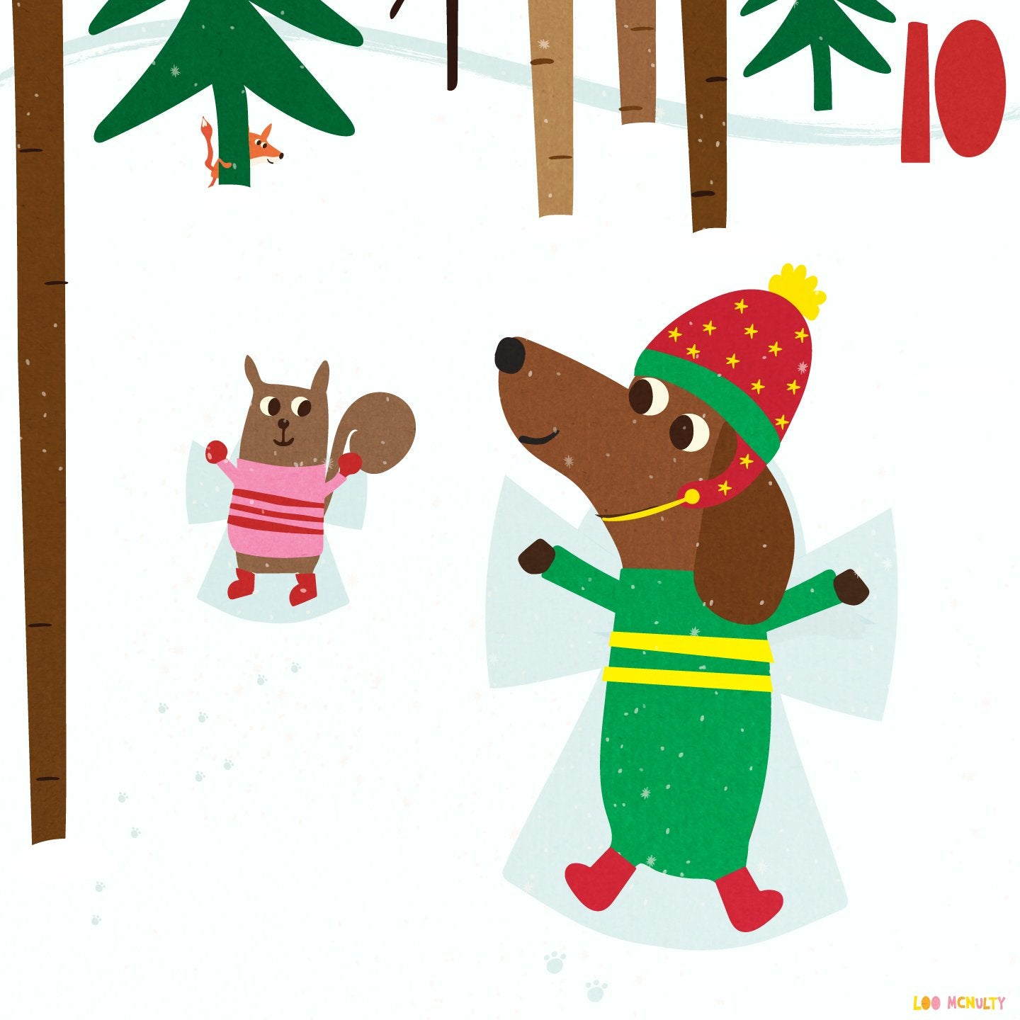 Illustration of a dog and a squirrel in winter clothing with trees and snowflakes in the background.