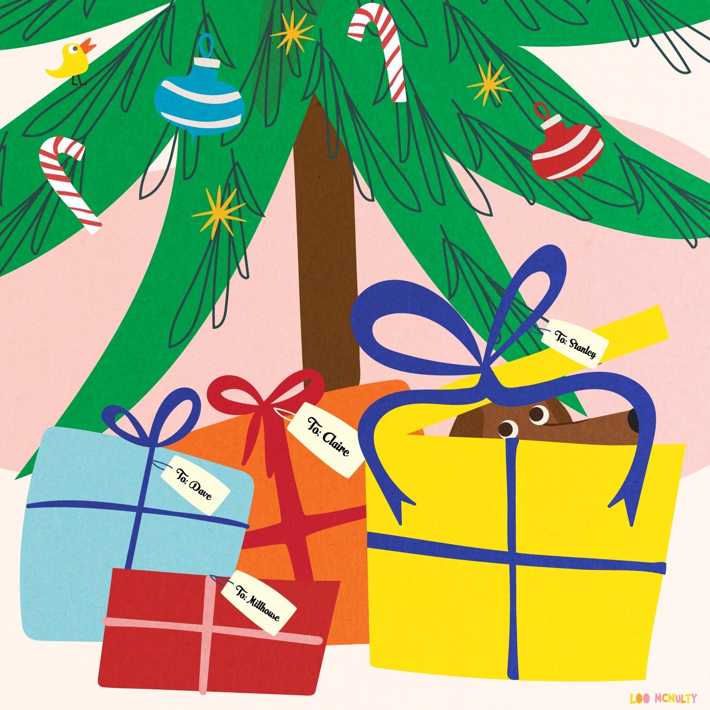 Illustration of Christmas presents under a decorated tree with colorful ribbons and tags.
