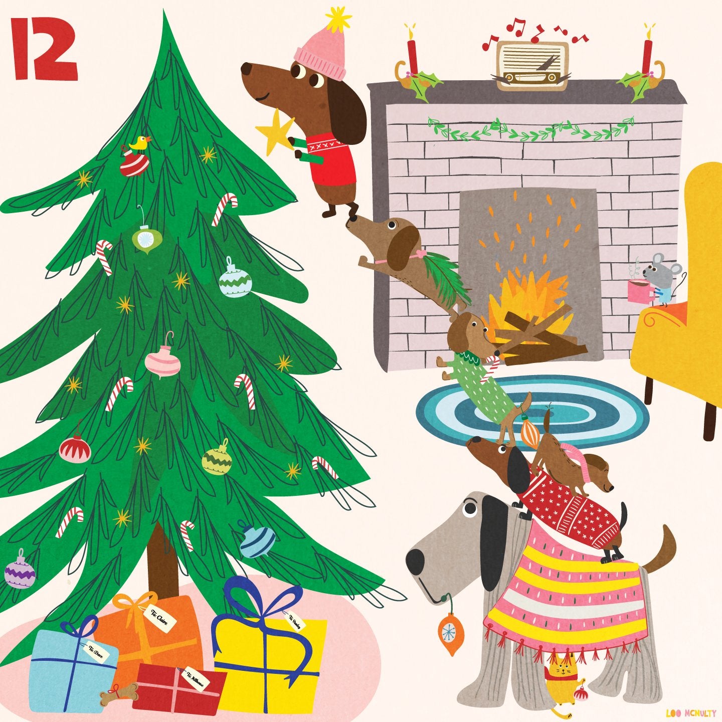 Illustration of dogs around a Christmas tree and fireplace with presents.