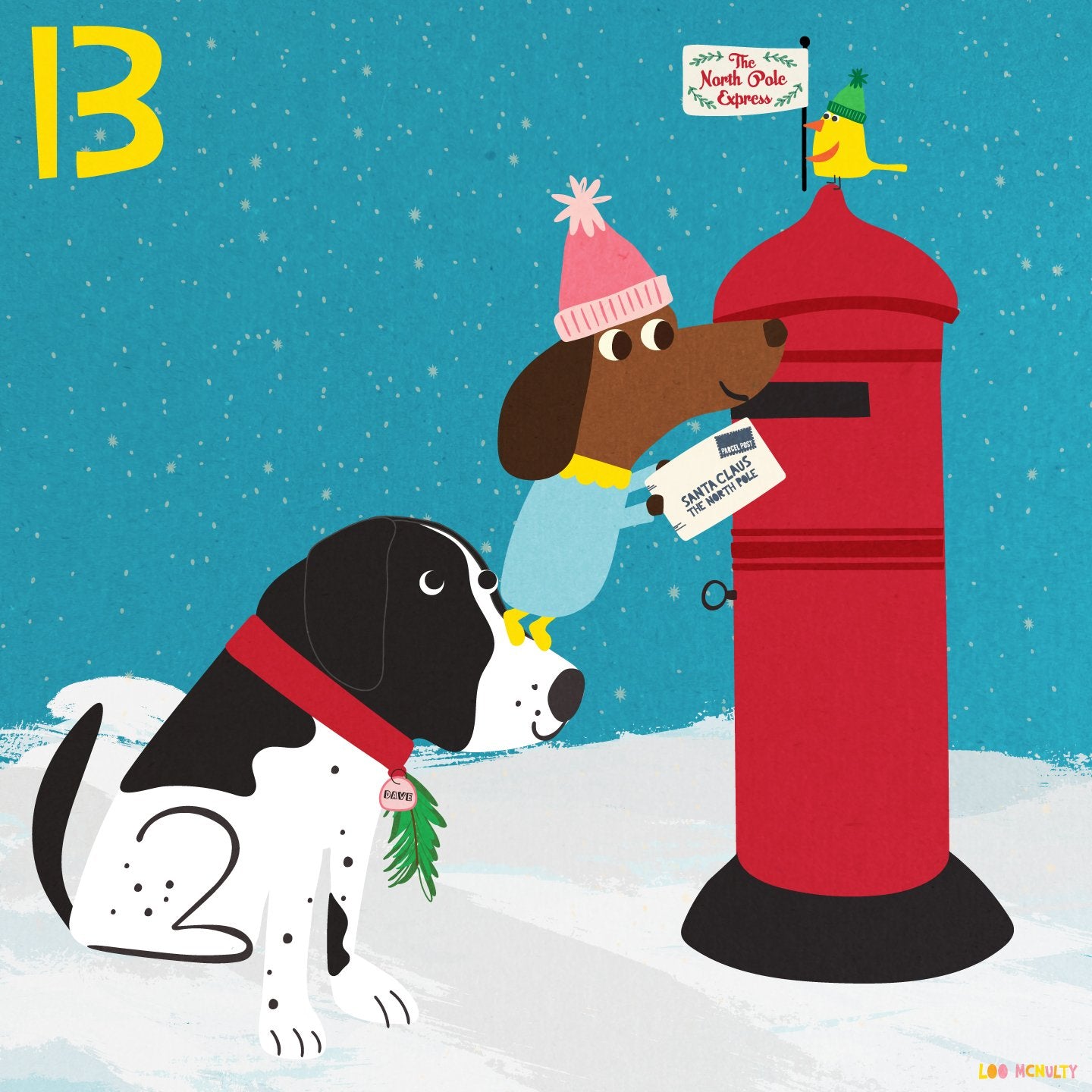 Illustration of two dogs with a red mailbox in a snowy landscape