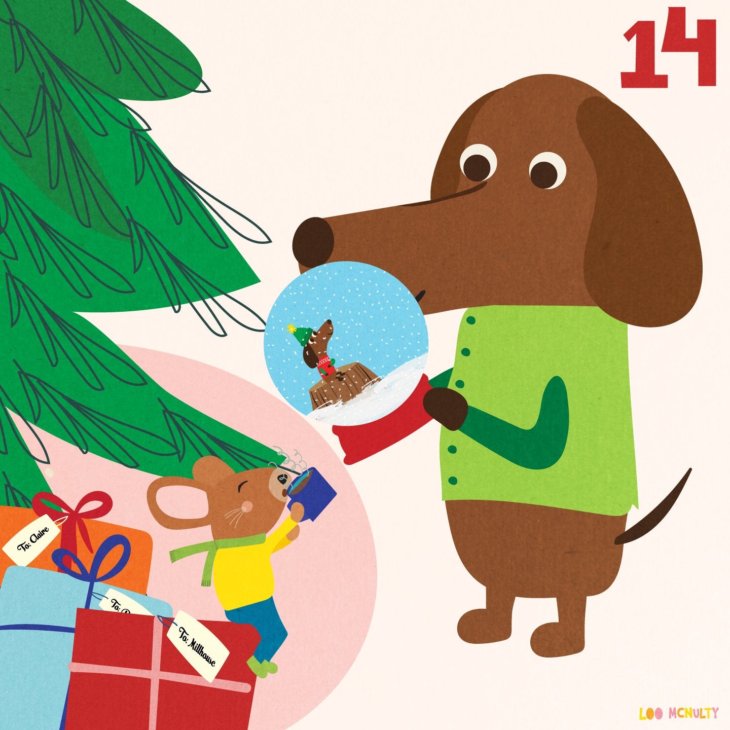 Illustration of a dog and mouse with a snow globe and Christmas tree