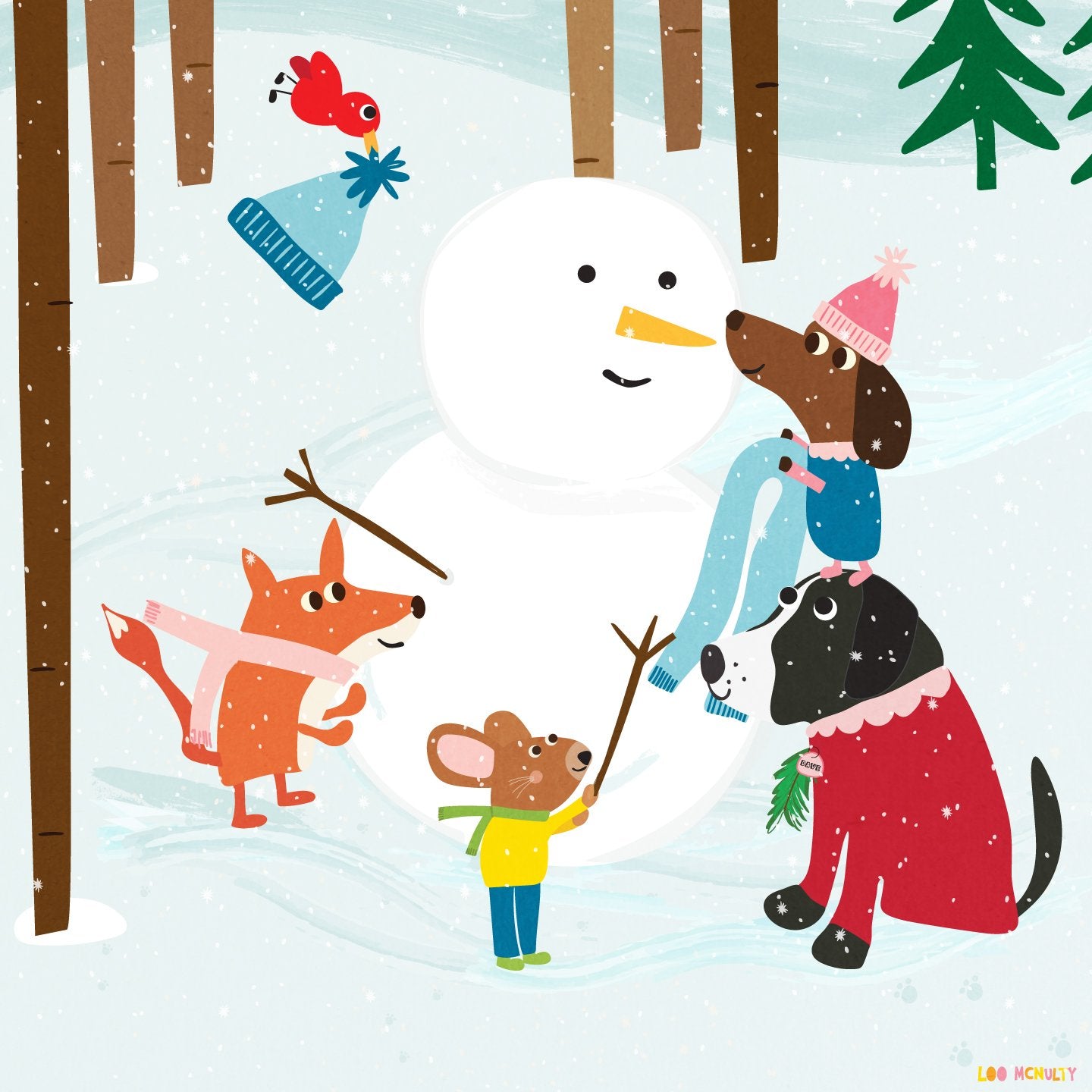 Illustration of animals building a snowman in a snowy forest.