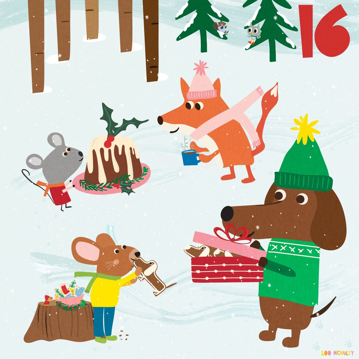 Illustration of animals in a snowy scene with Christmas elements, including a fox, dog, mouse, and tree, with the number 16.
