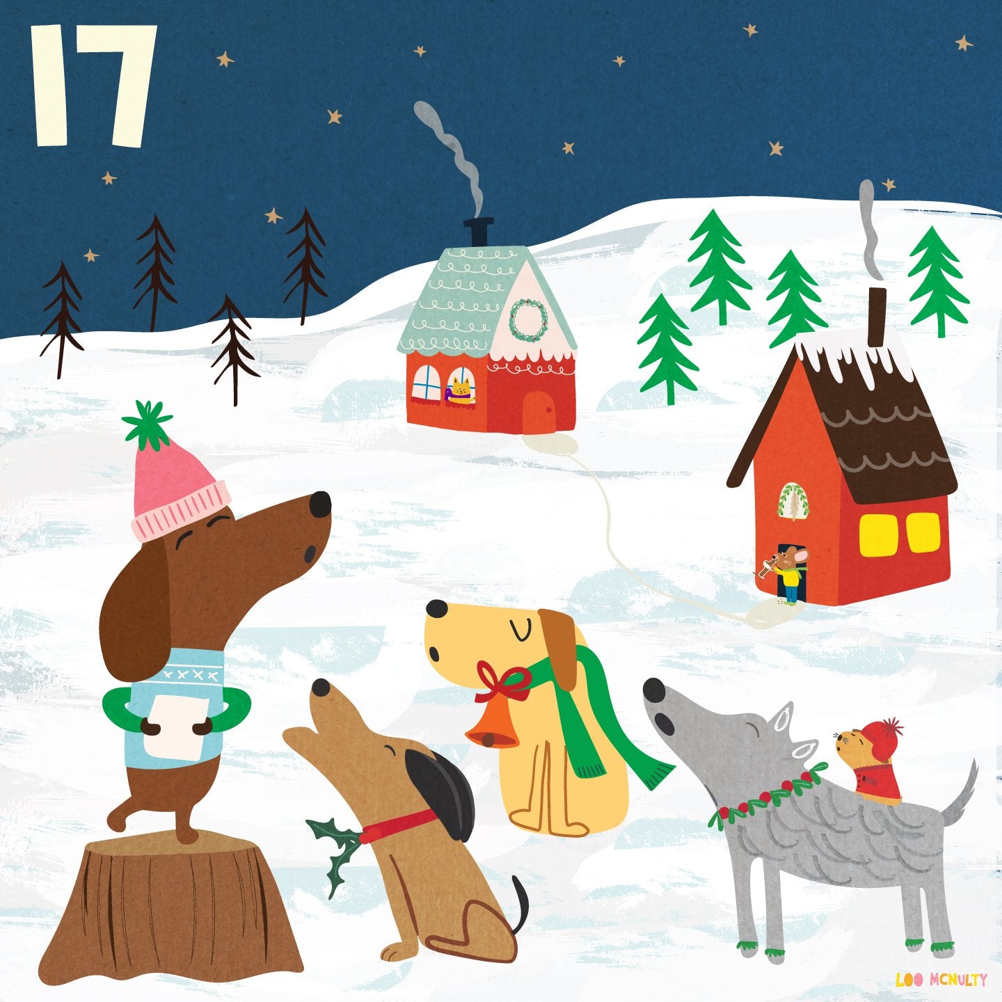 Illustration of dogs in a snowy landscape with houses and trees.