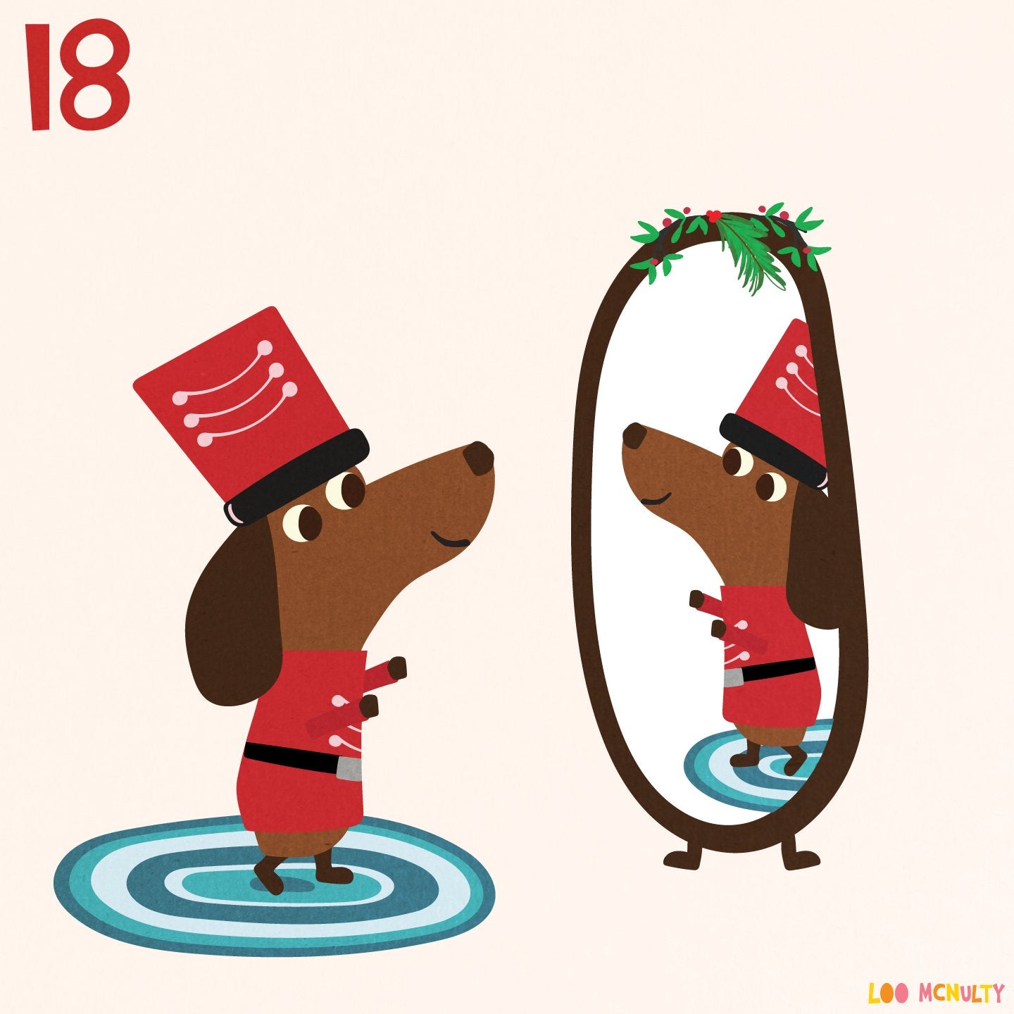 Illustration of a dachshund in a red outfit looking at itself in a mirror.