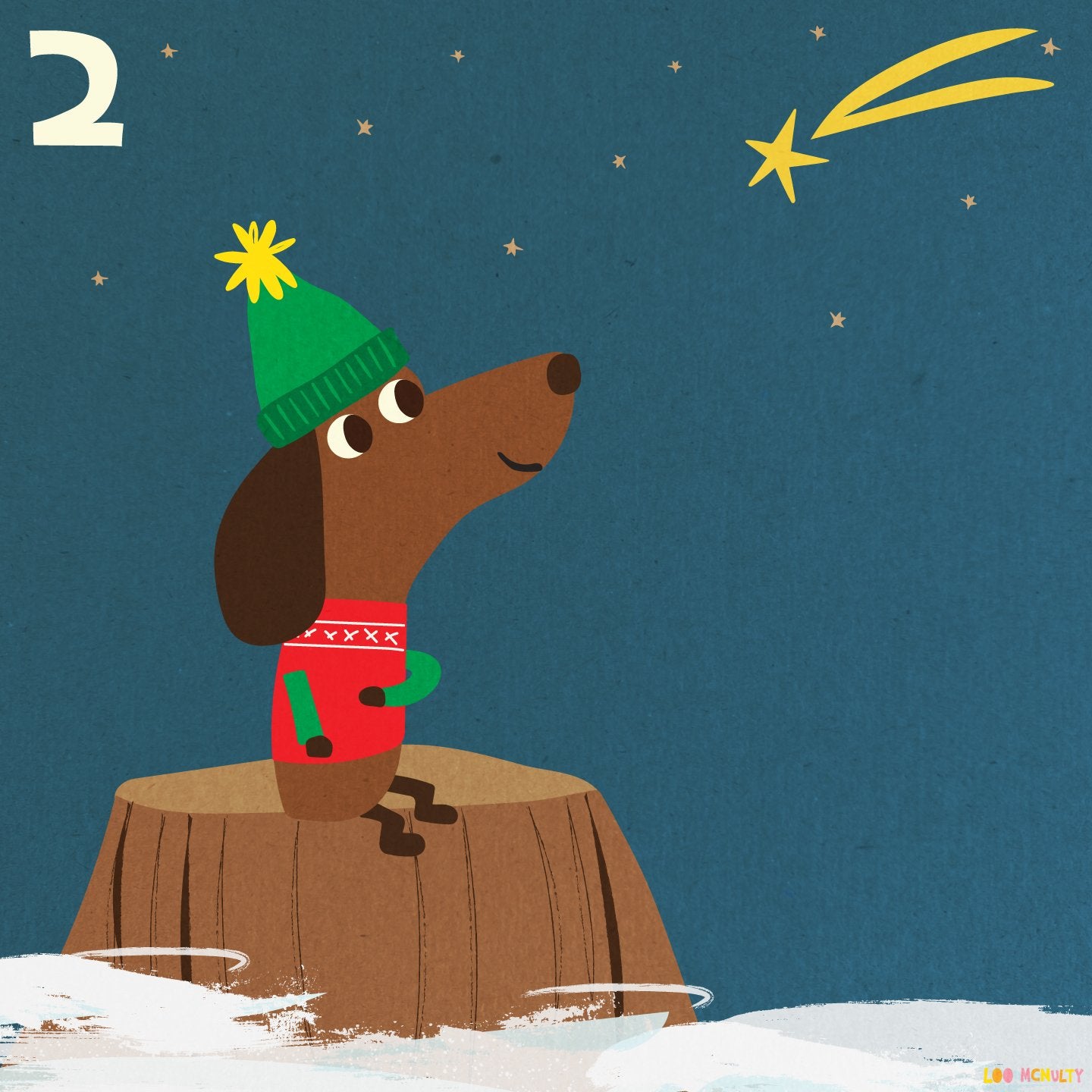 Illustration of a dachshund in a winter hat and sweater looking at a shooting star.