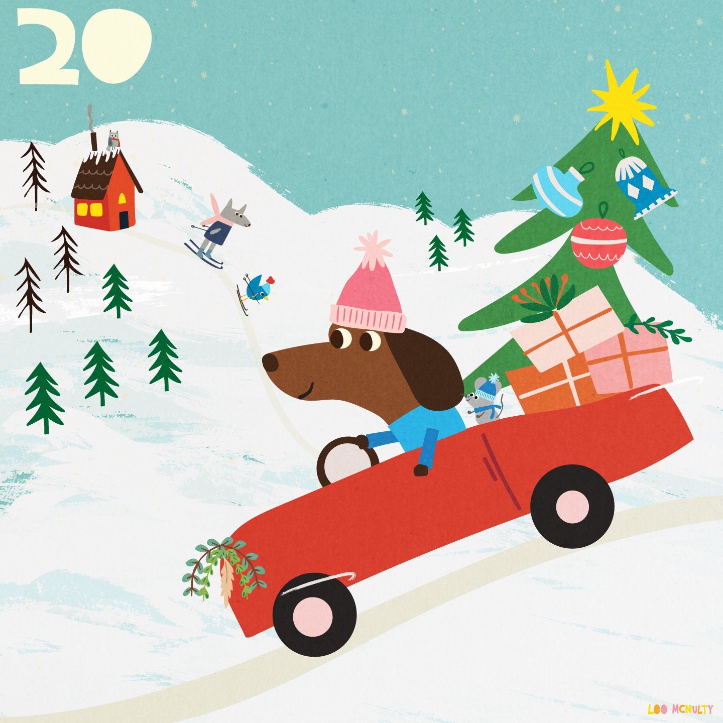 Illustration of a dog in a red car with a Christmas tree and presents, set against a snowy landscape.