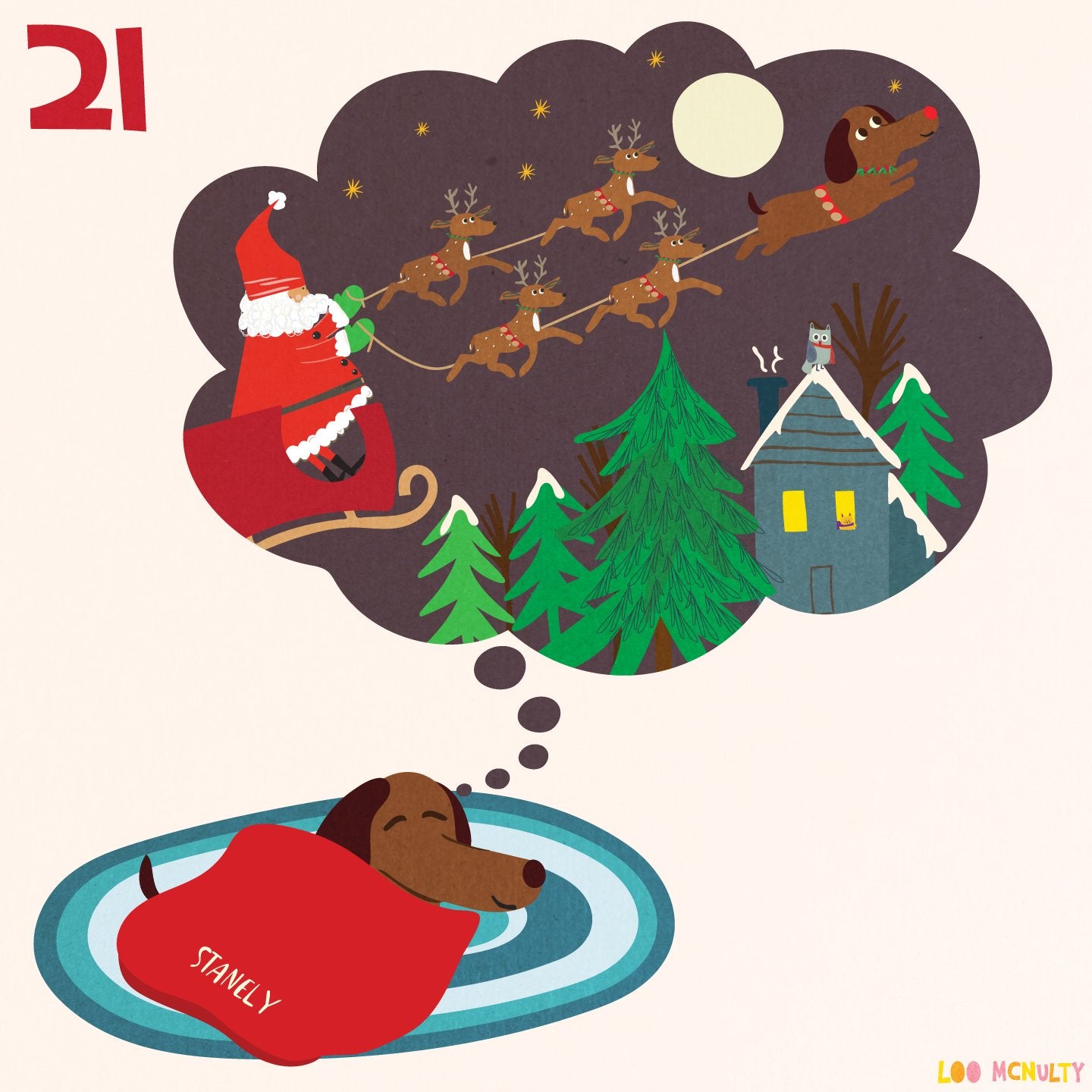Illustration of a dog dreaming about Santa Claus and reindeer in a sleigh.