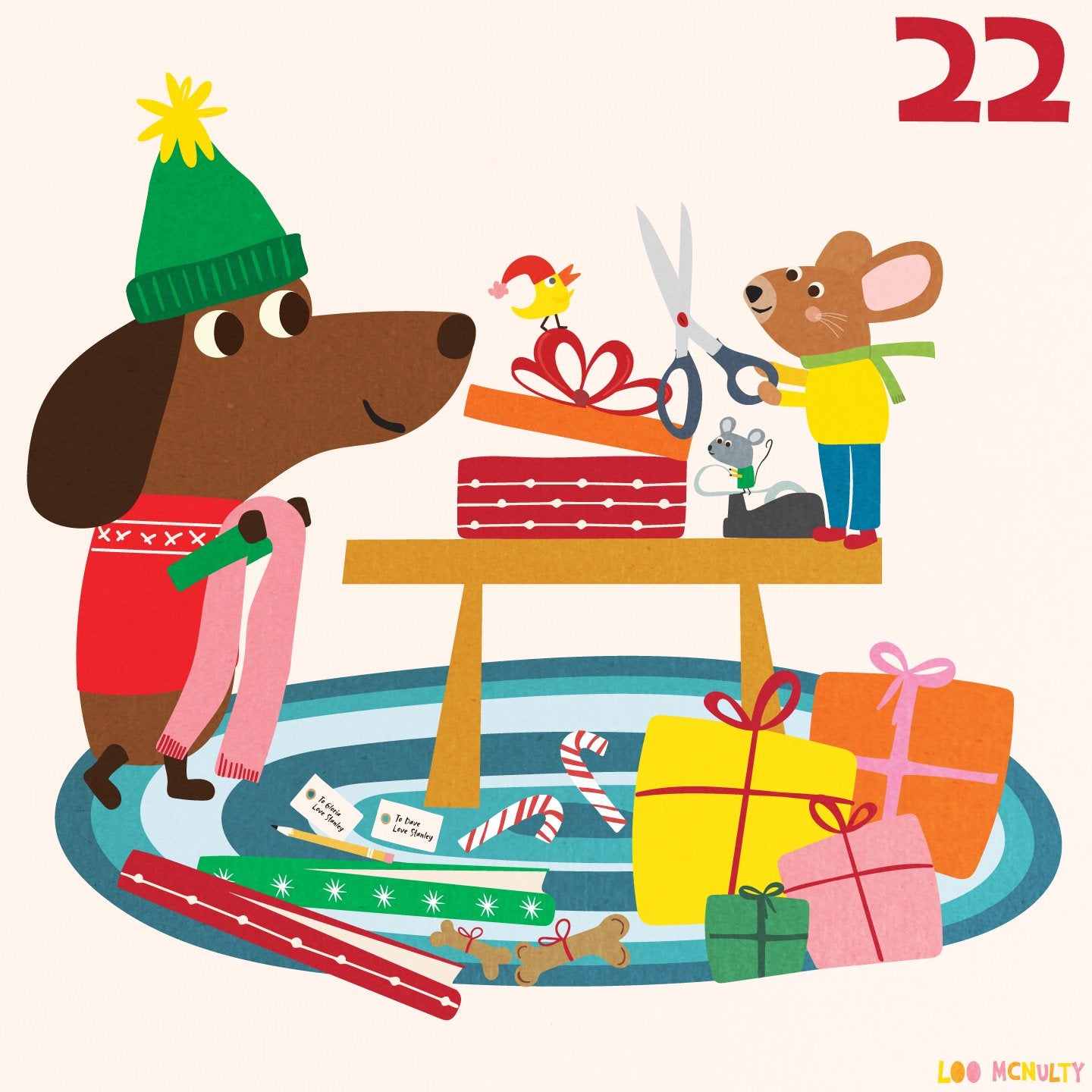 Illustration of a dog and mouse with Christmas presents and decorations.